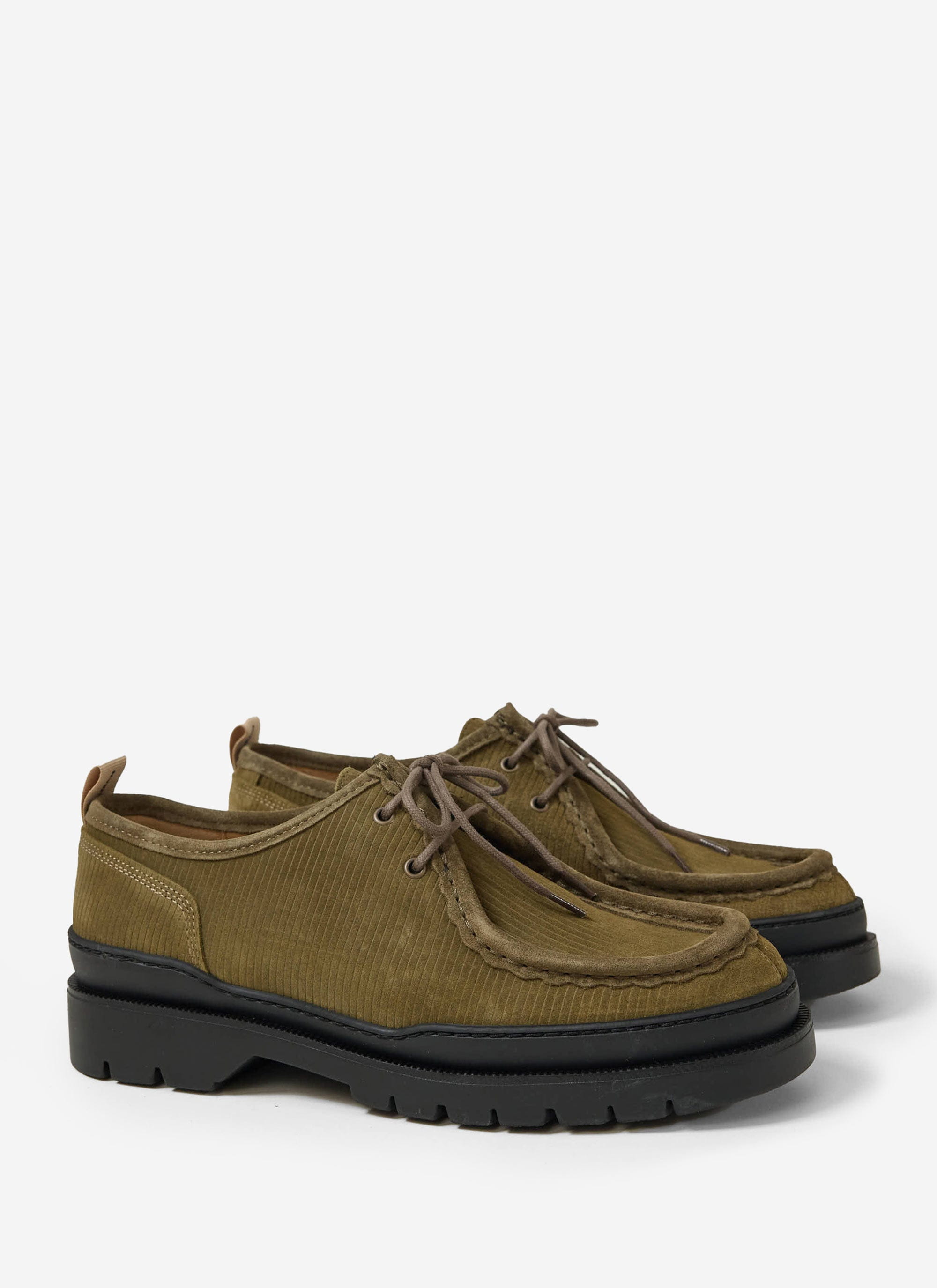 The Percival x Kleman Major V Cord Shoe in khaki, a lace-up style with a chunky black sole against a white background.
