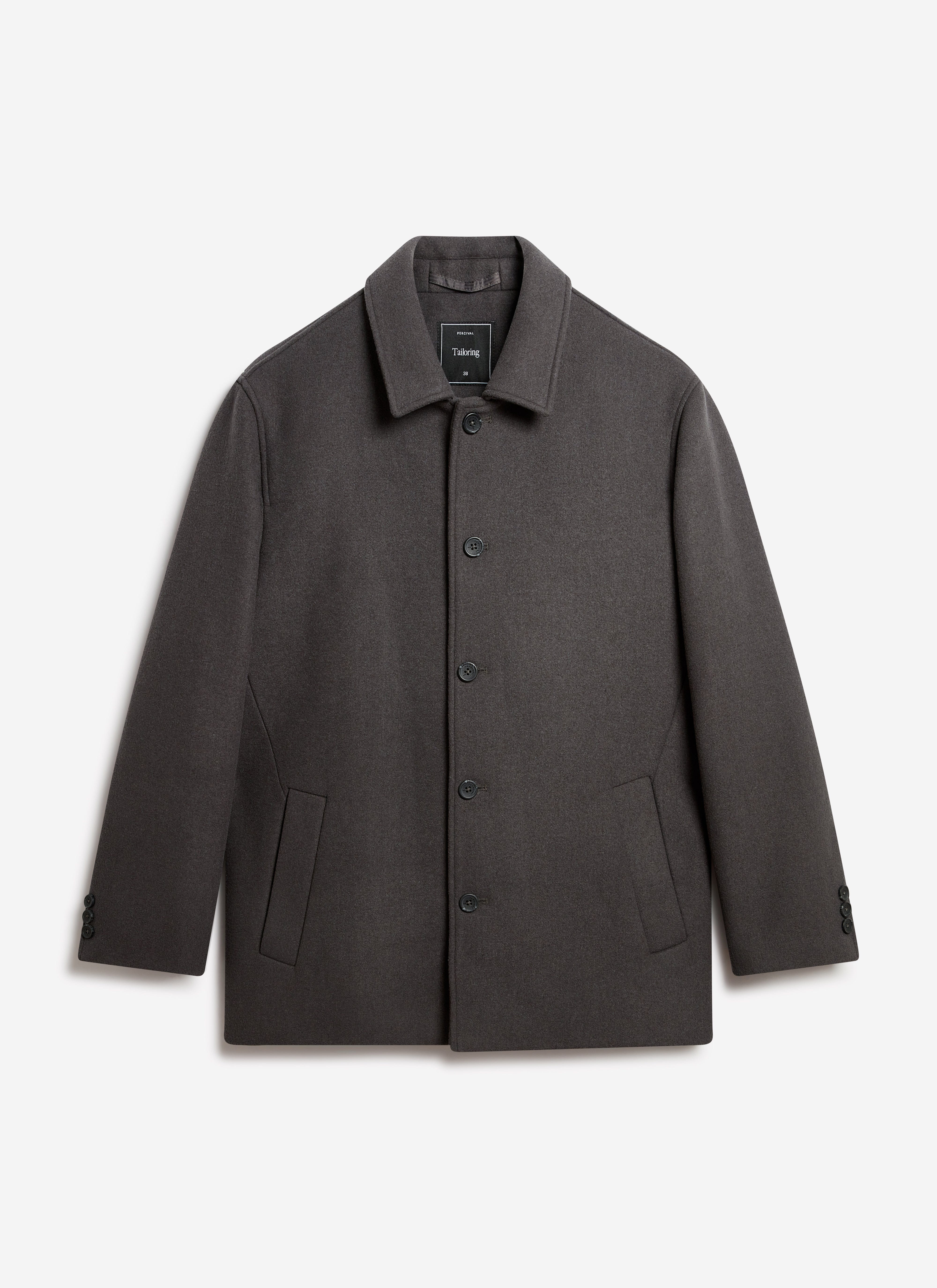 The Percival Melton Wool Peacoat in charcoal, a classic single-breasted style, displayed against a white background.