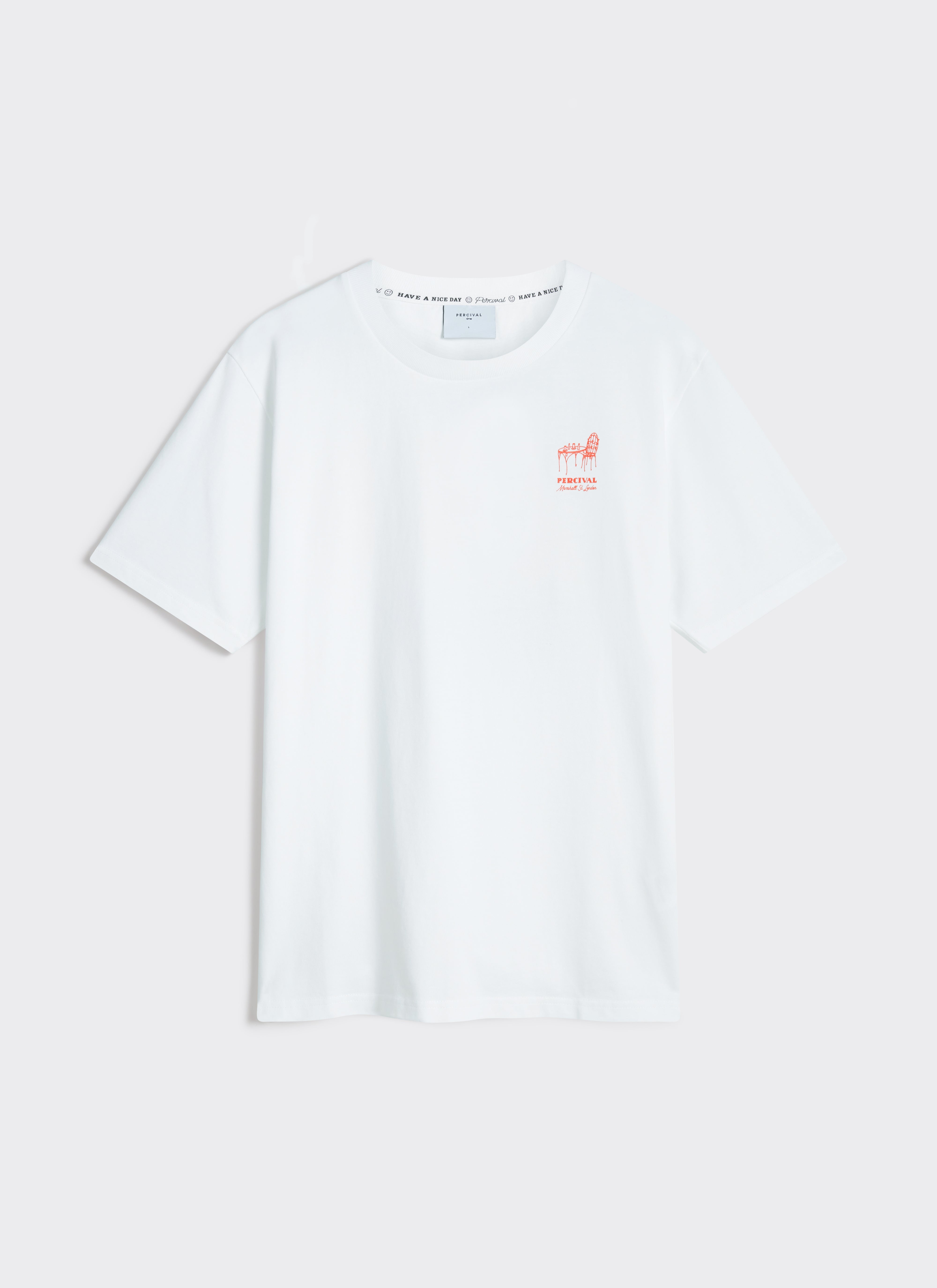 Front view of the white Percival Perci Fine Wines T-shirt in organic cotton, featuring a small orange chest graphic.