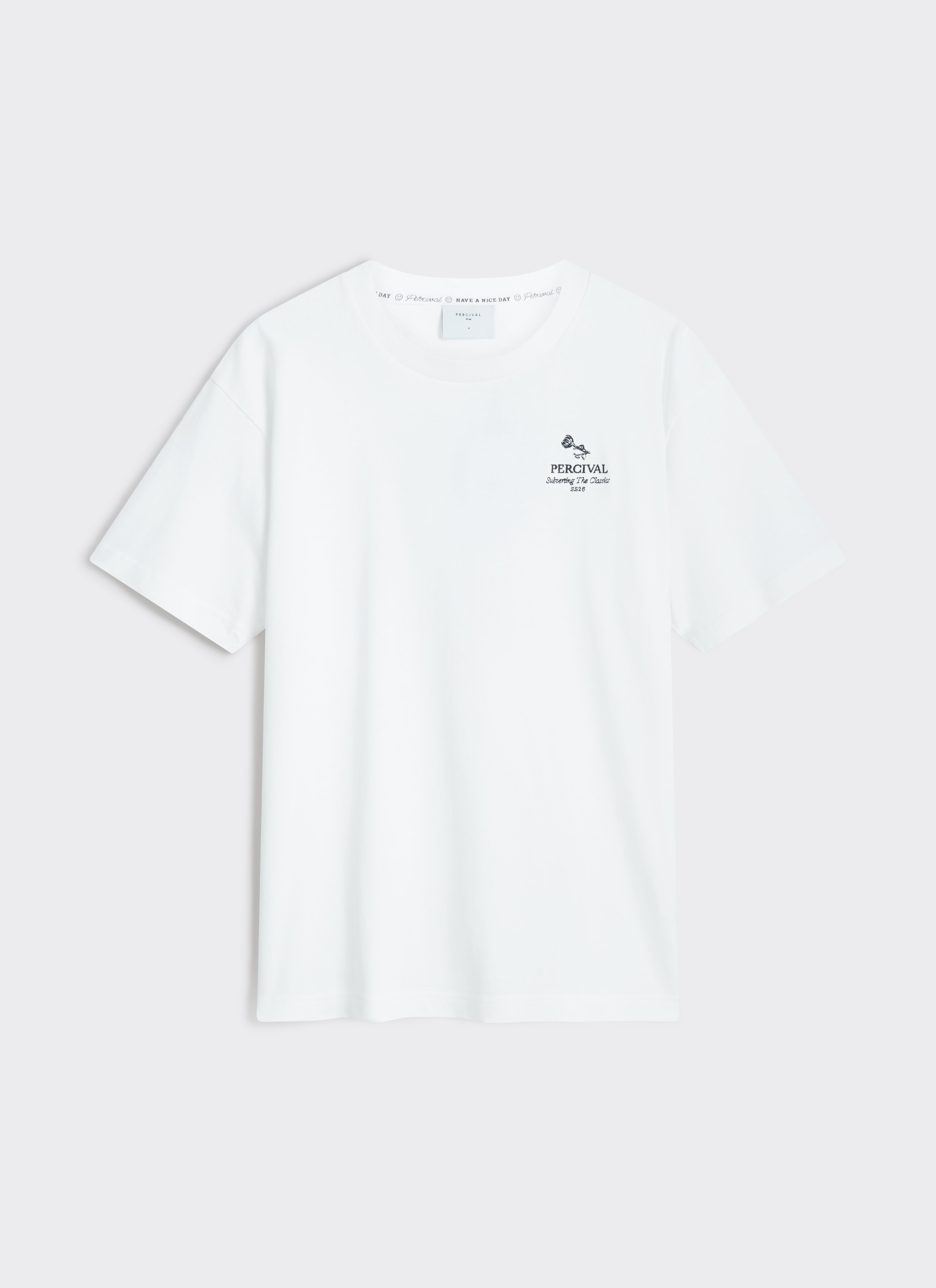 Front view of the Percival Perci Waters Oversized T-Shirt in white organic cotton, showing the kingfisher chest graphic.