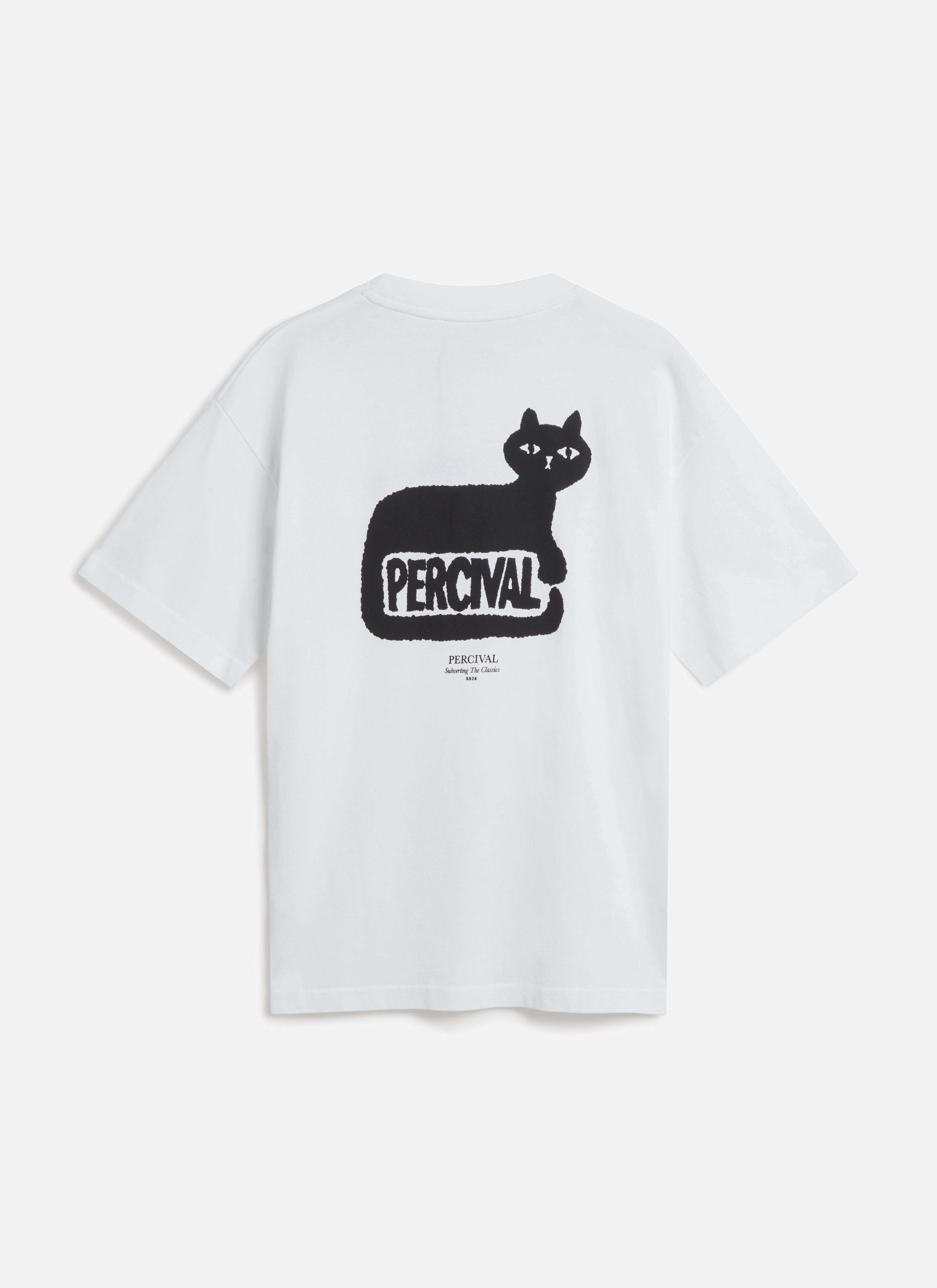 A flat lay of the back of the white Perci Loaf T-shirt by Percival, featuring the large black 'cat loaf' graphic.