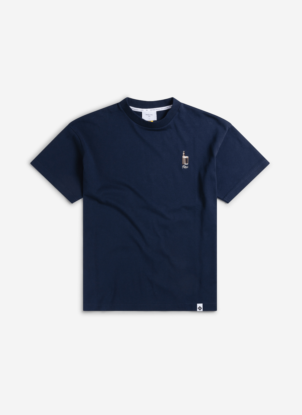 A flat lay of the navy Percival Stout Oversized T-shirt in organic cotton, showcasing the pint of stout embroidery.