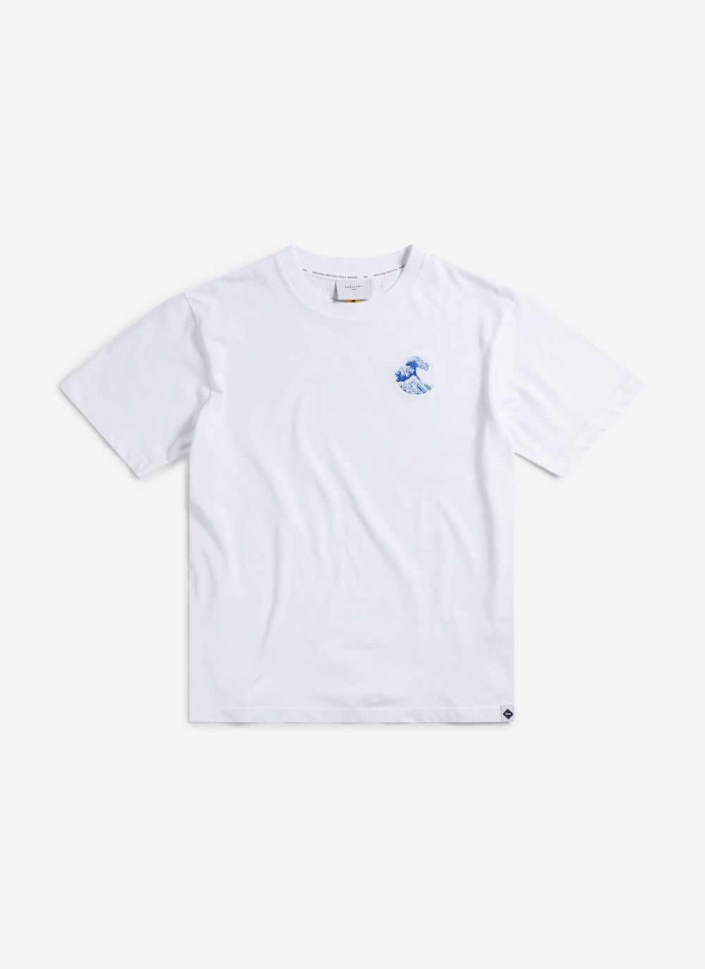 The Percival Wave T-shirt in white organic cotton, featuring a detailed blue embroidered wave on the chest.