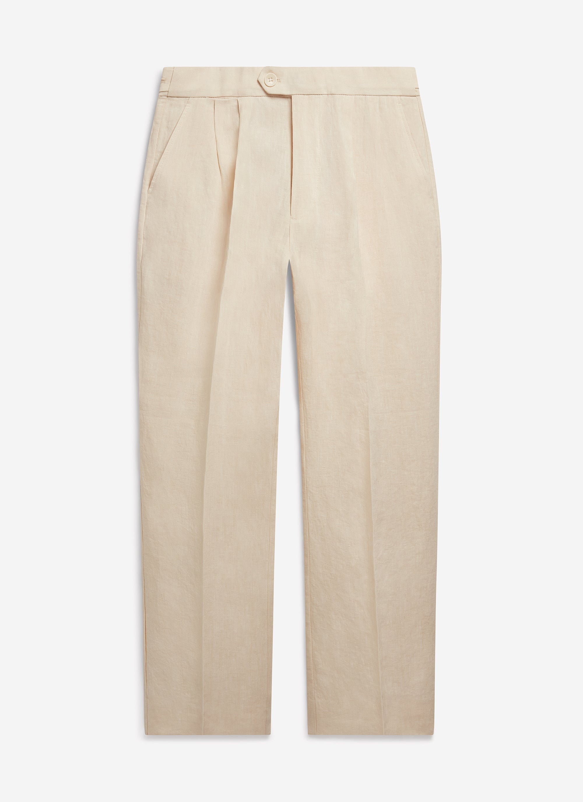 Front view of the Percival pleated tailored trousers in stone linen.