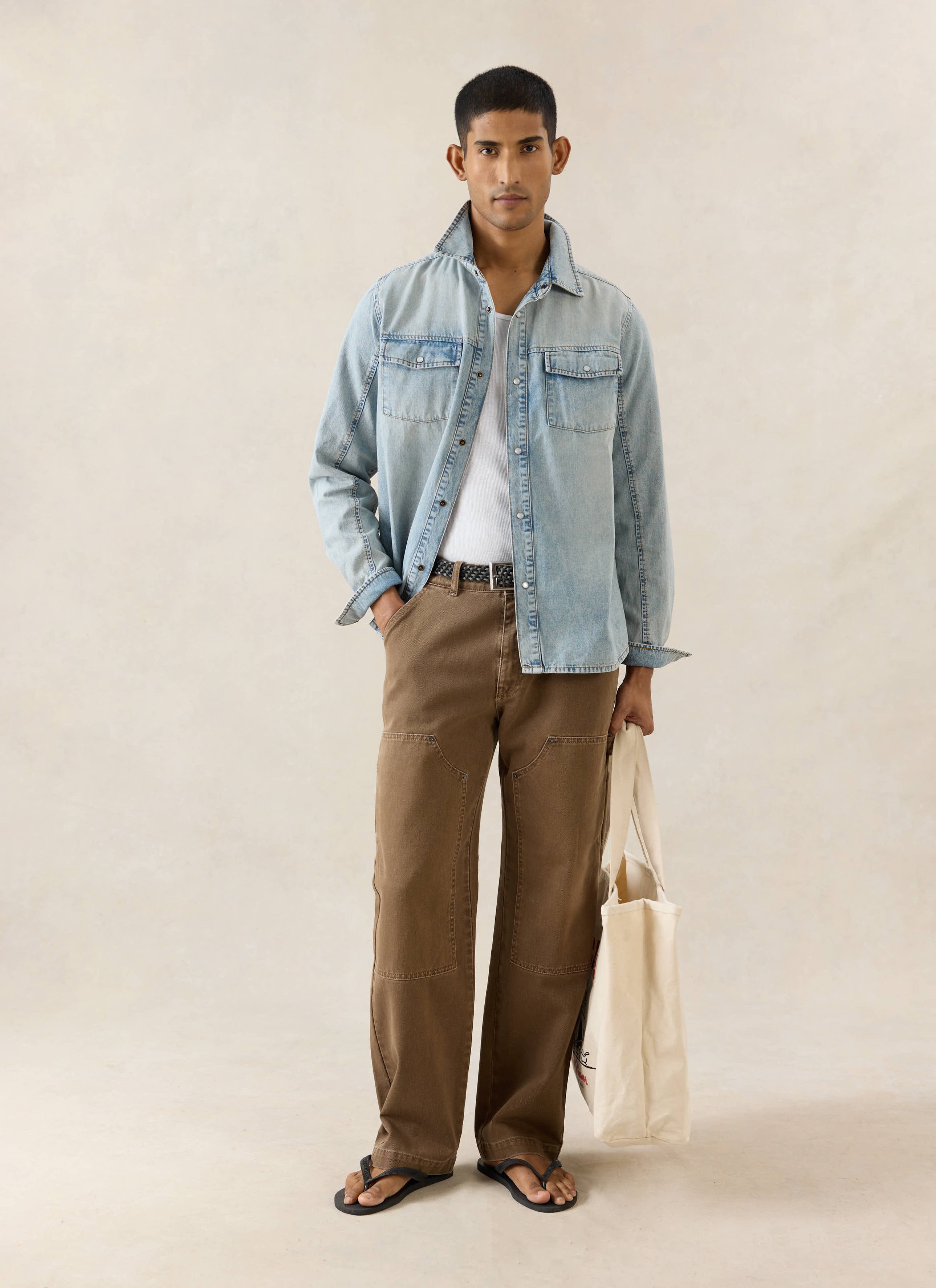 Percival stone wash vintage denim western shirt, styled with brown Lucas carpenter trousers and a white vest.
