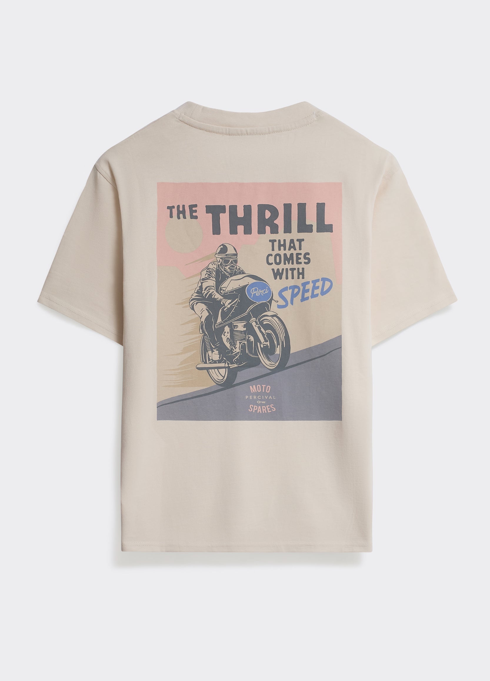 The Percival Racer T-shirt in off-white cotton, featuring a large vintage-inspired motorcycle graphic on the back.