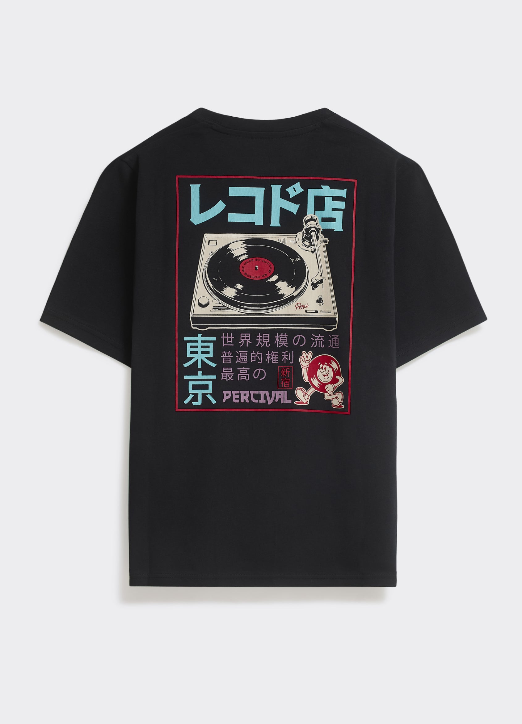 Black cotton Percival Records T-Shirt featuring a vintage turntable graphic with Japanese text on the back.