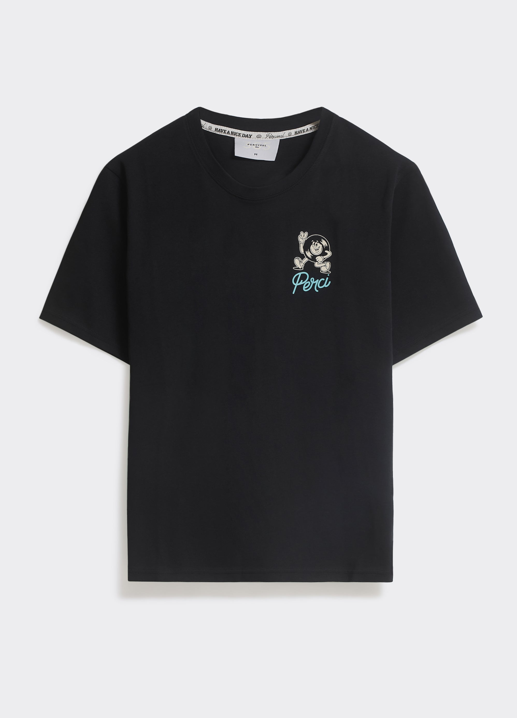 Black cotton jersey Percival Records T-Shirt, featuring a small Perci character chest graphic, shown laid flat.