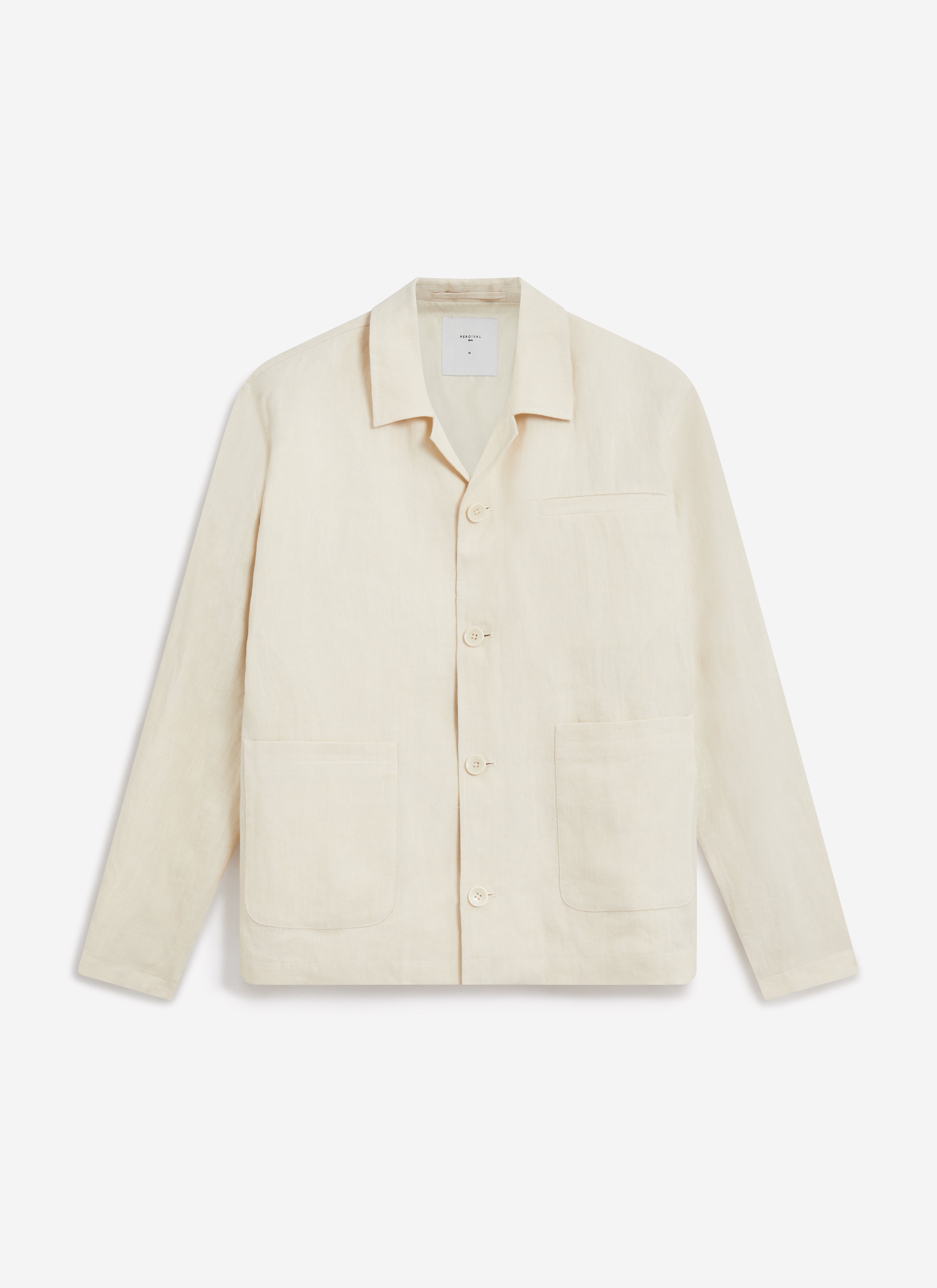 A flat lay of the Percival Relaxed Linen Overshirt in stone, showing its button front and multiple patch pockets.