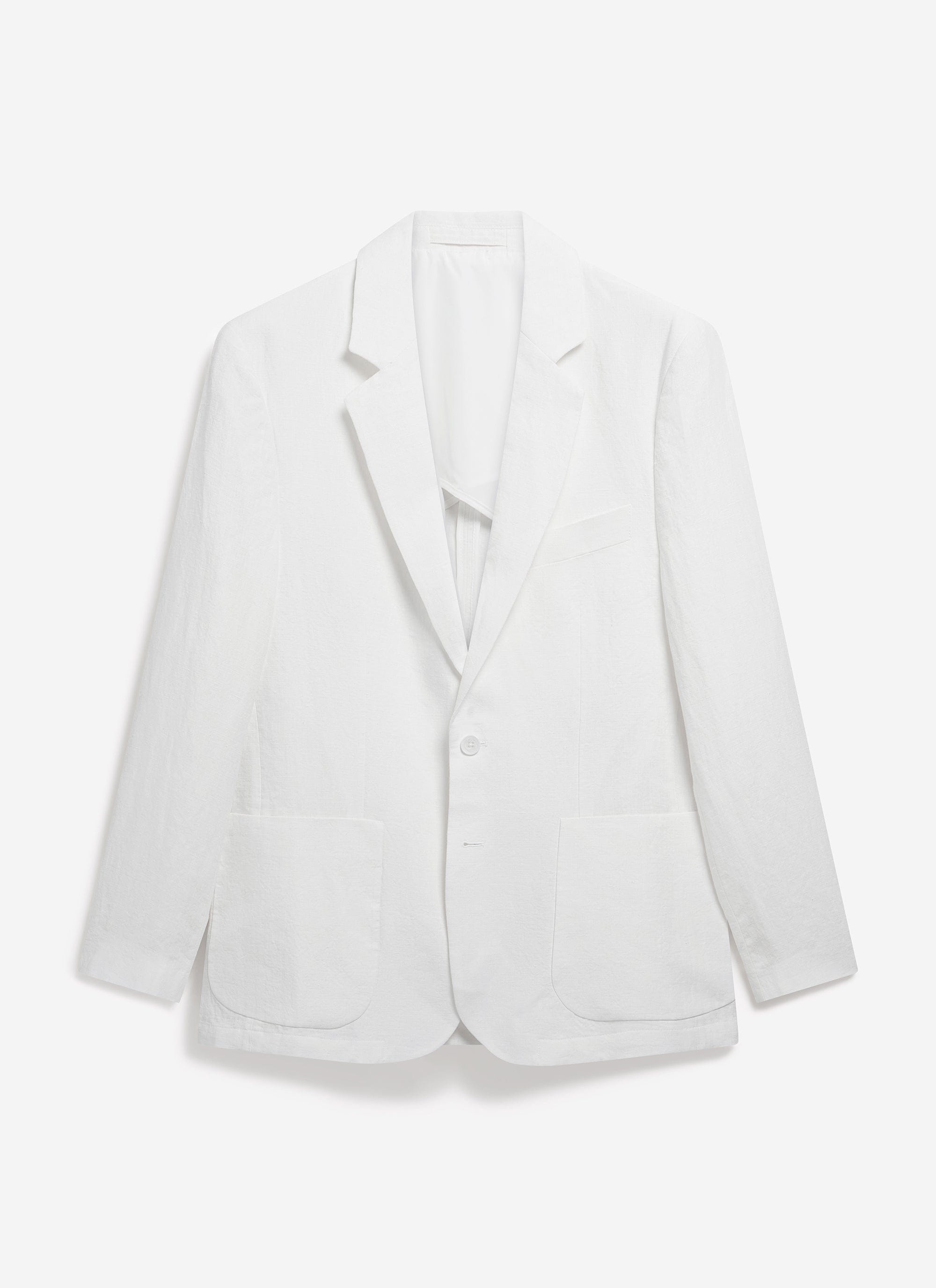 Percival's Relaxed Tailored Linen Blazer in white, a 100% linen suit jacket, captured in a front-facing flat lay shot.