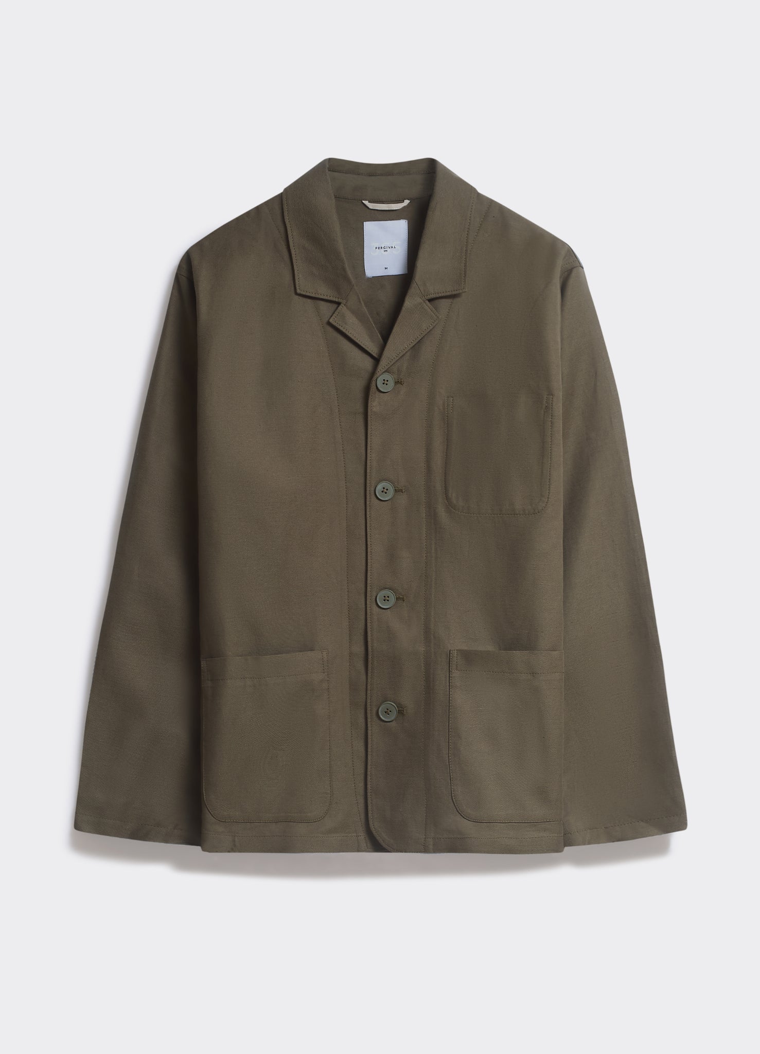 Khaki Percival Revere Collar Blazer with triple patch pockets and button-through front, shown flat on a white background.