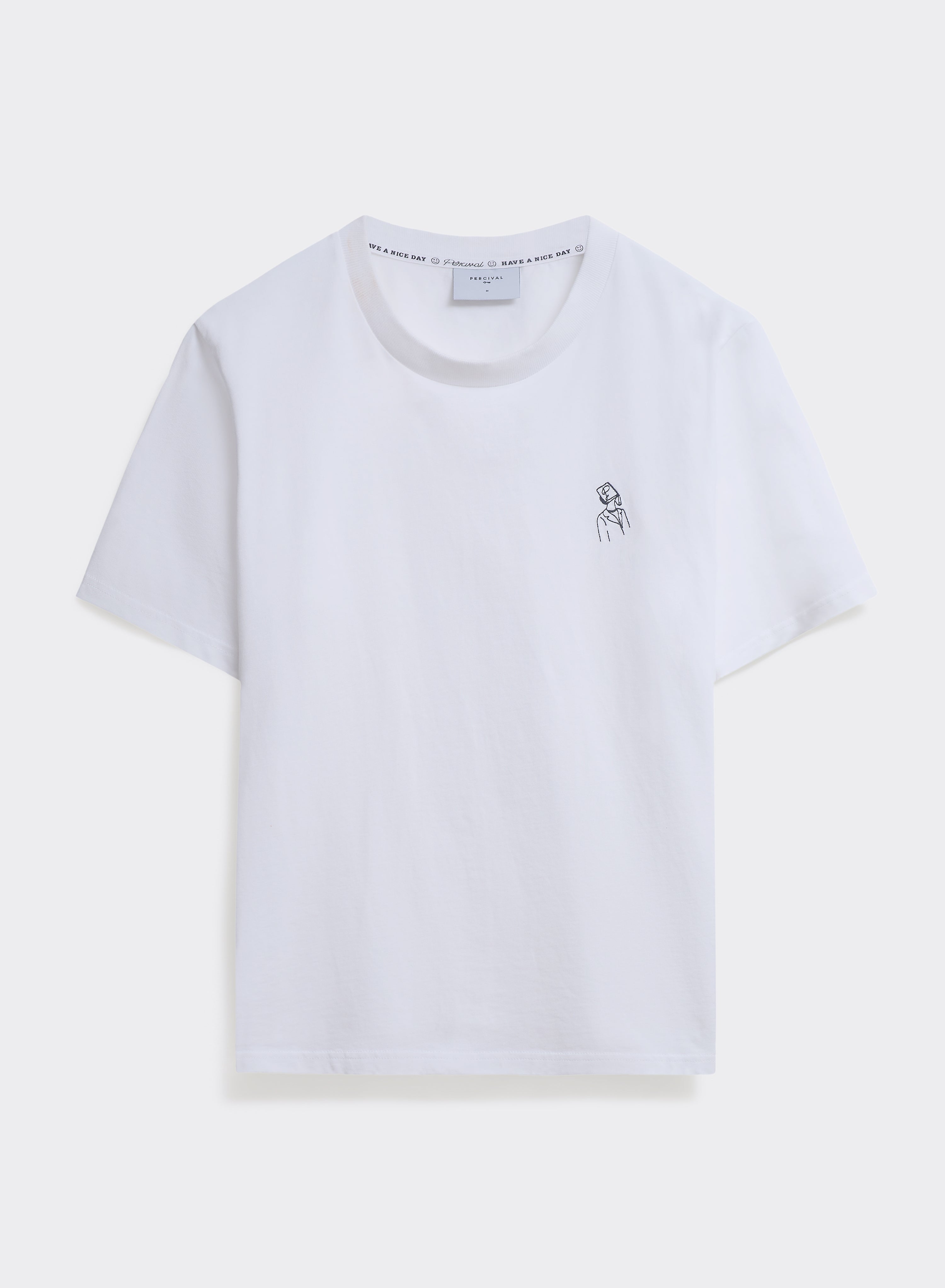 The white Percival Robinson Embroidered T-shirt in organic cotton, featuring a quirky hand-drawn motif, shown flat.