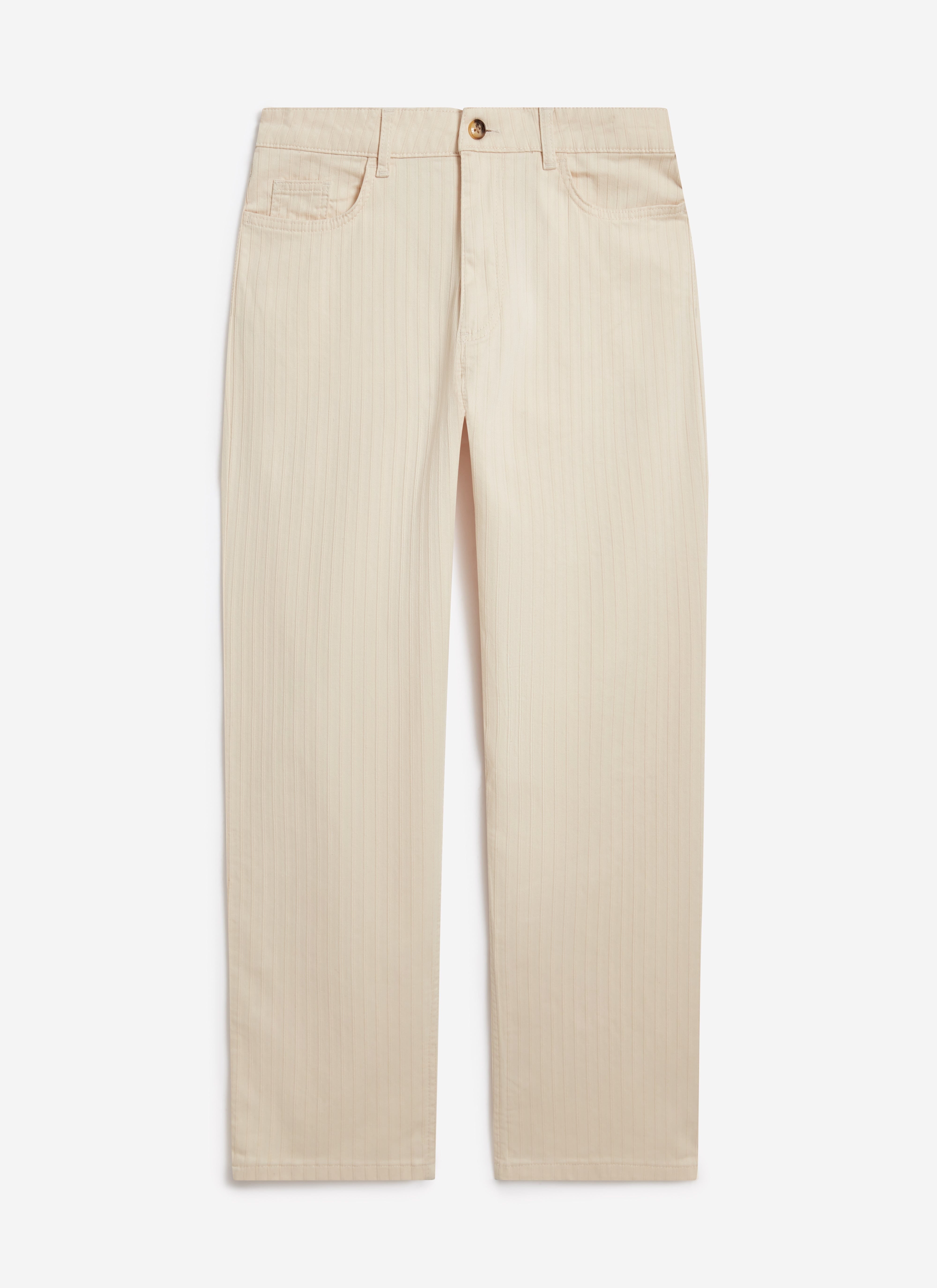 A front view of the Percival Rocco 5 Pocket Trousers in ecru, crafted from a light herringbone textured cotton.