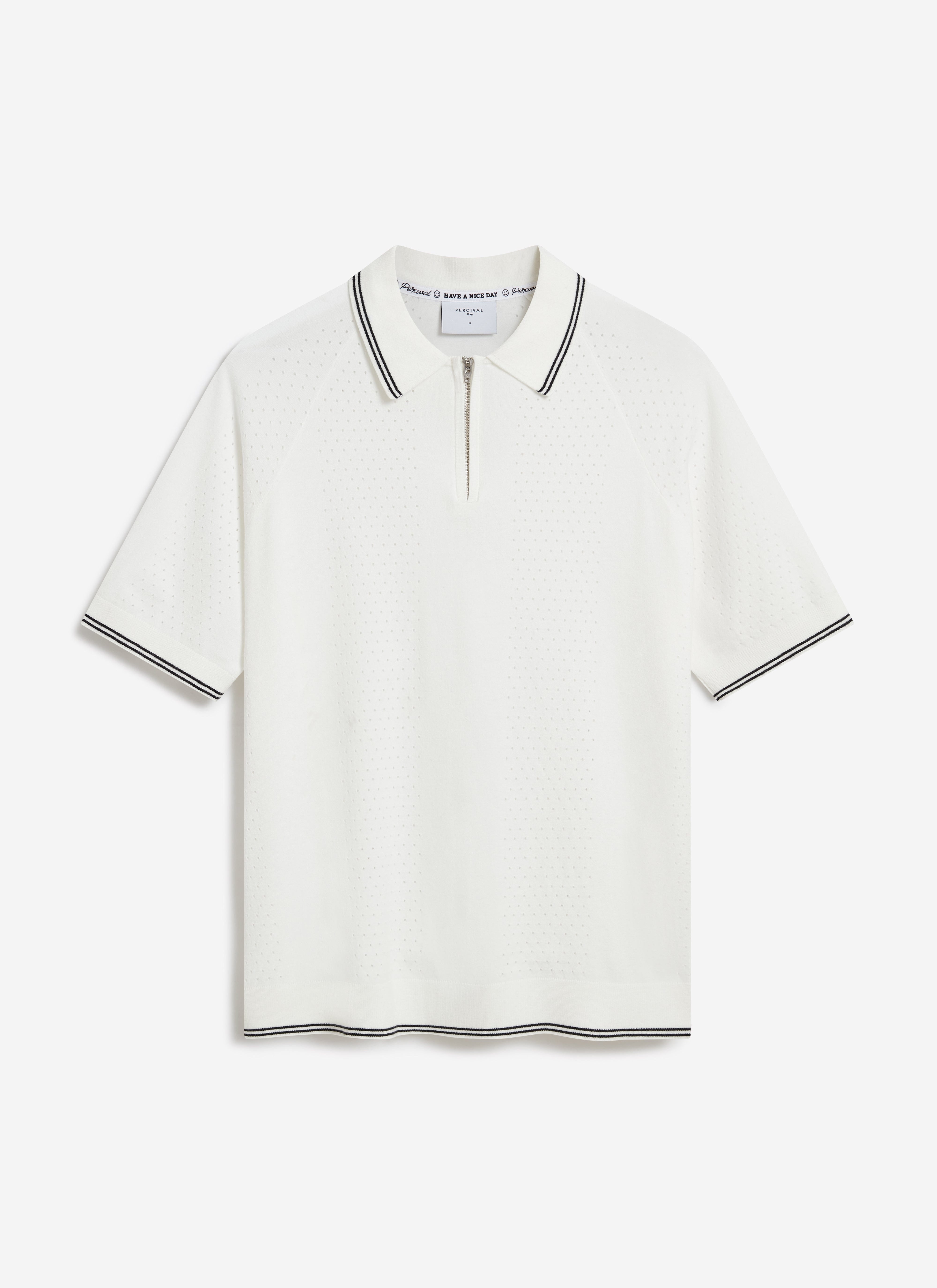 The Percival Rossi Knitted Polo in white, laid flat. It features a perforated texture, a quarter-zip, and black striped trim.