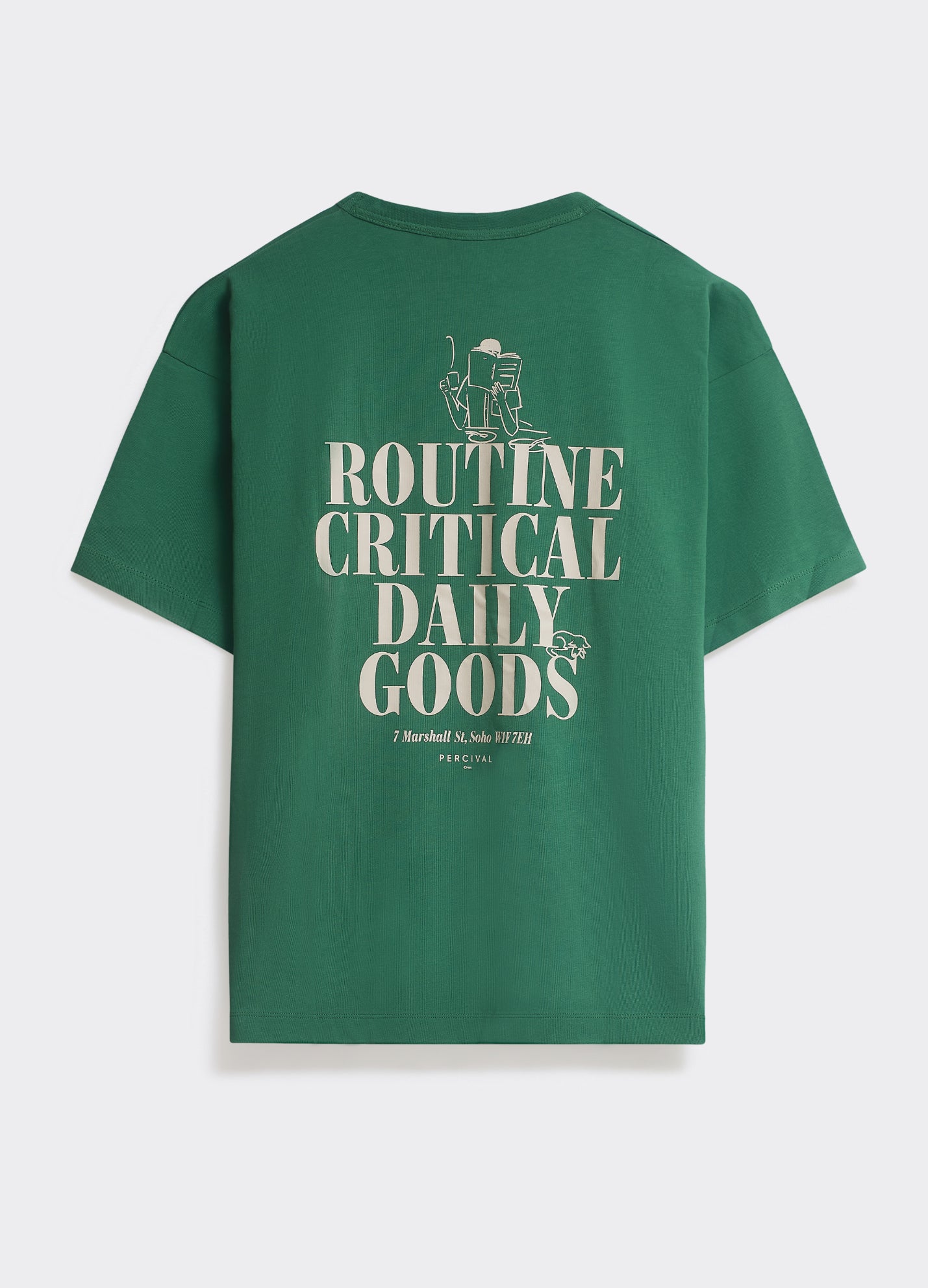 The green Percival Routine T-shirt, a jersey tee with a 'Routine Critical Daily Goods' back graphic, shown flat.