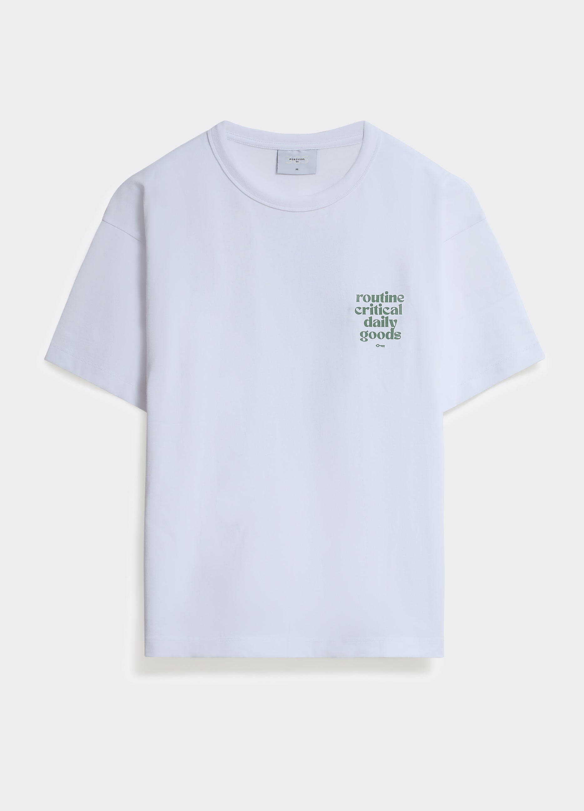 The Percival Routine T-shirt in optic white cotton jersey, with a green chest graphic, shown as a flat lay.