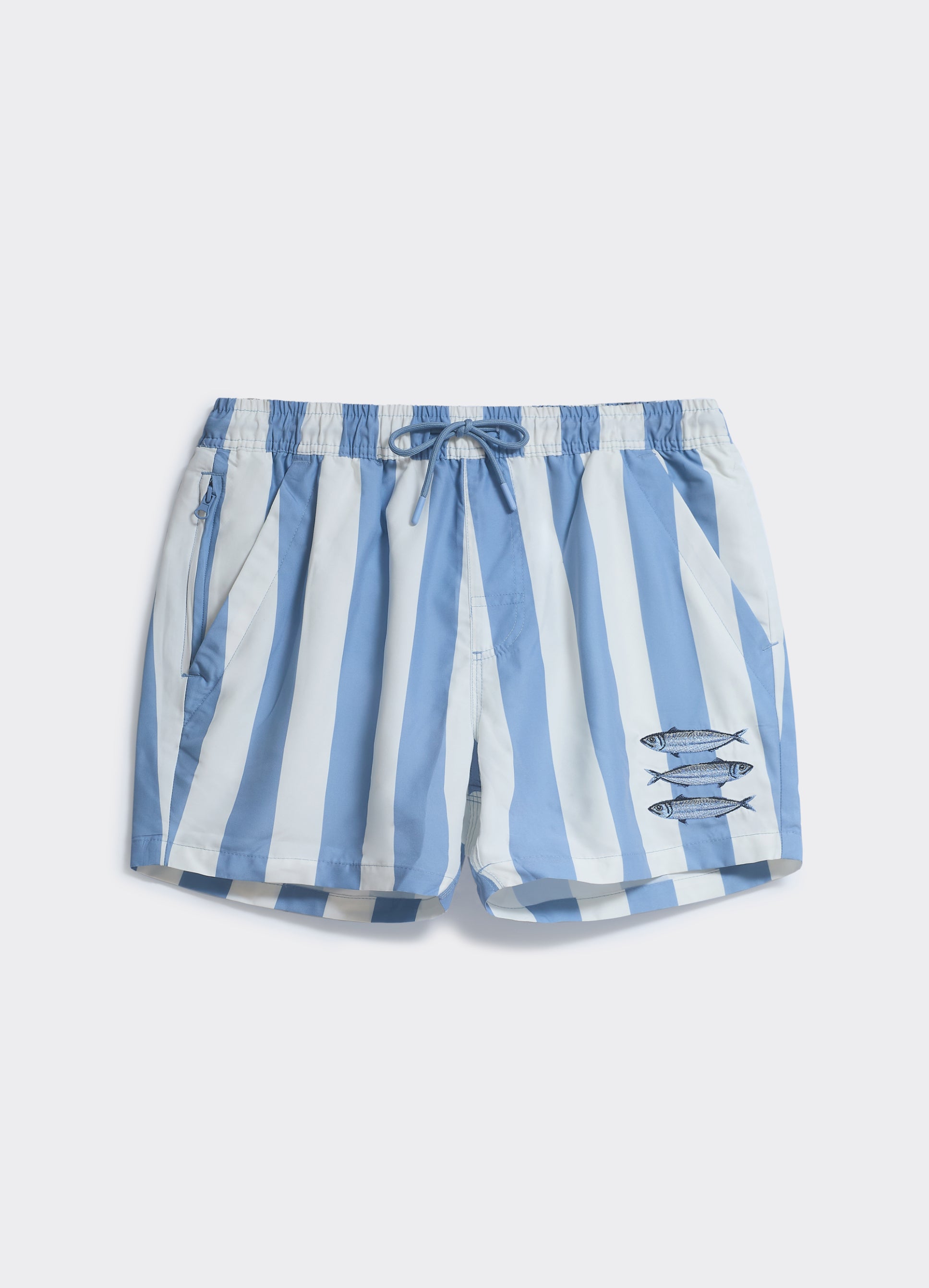 The Percival Sardines Shorts in blue stripe, featuring a drawcord waist and triple fish embroidery, shown flat.