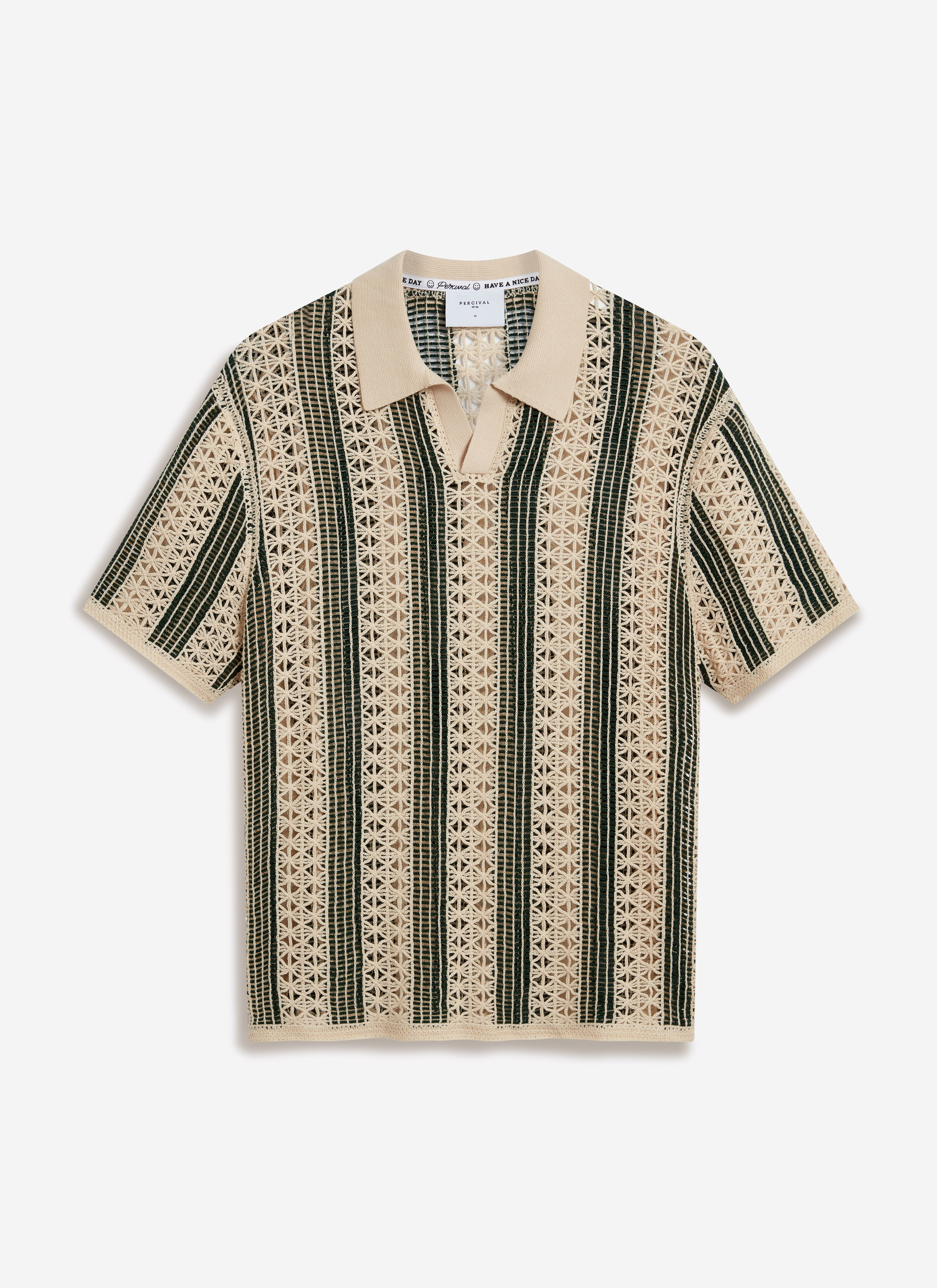 The Percival Sarti Knitted Polo Shirt in ecru and forest green, laid flat to display its intricate crochet striped pattern.
