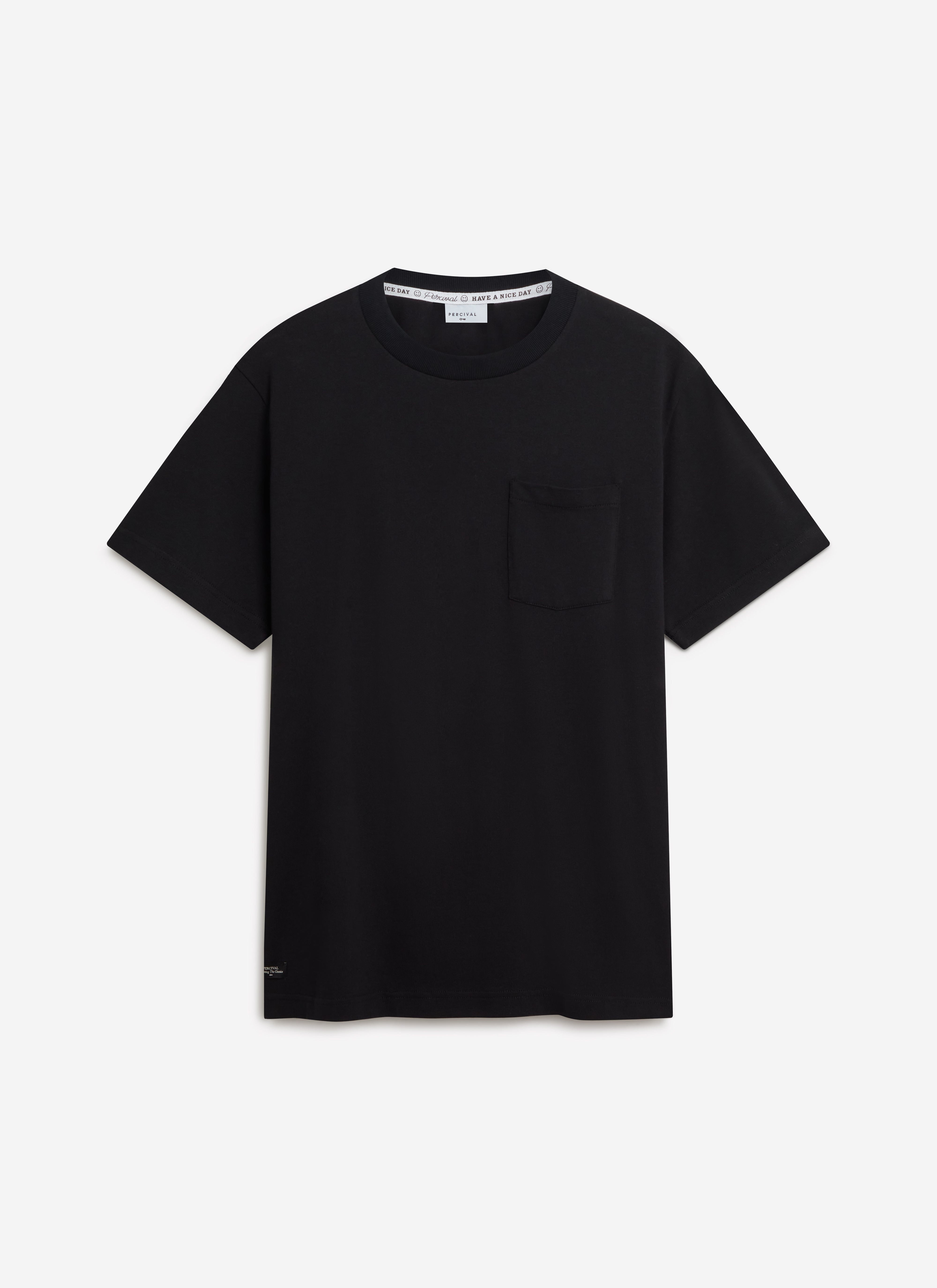 A flat lay of the Percival Short Sleeve Pocket Tee in black, made from organic cotton and showing the chest pocket detail.