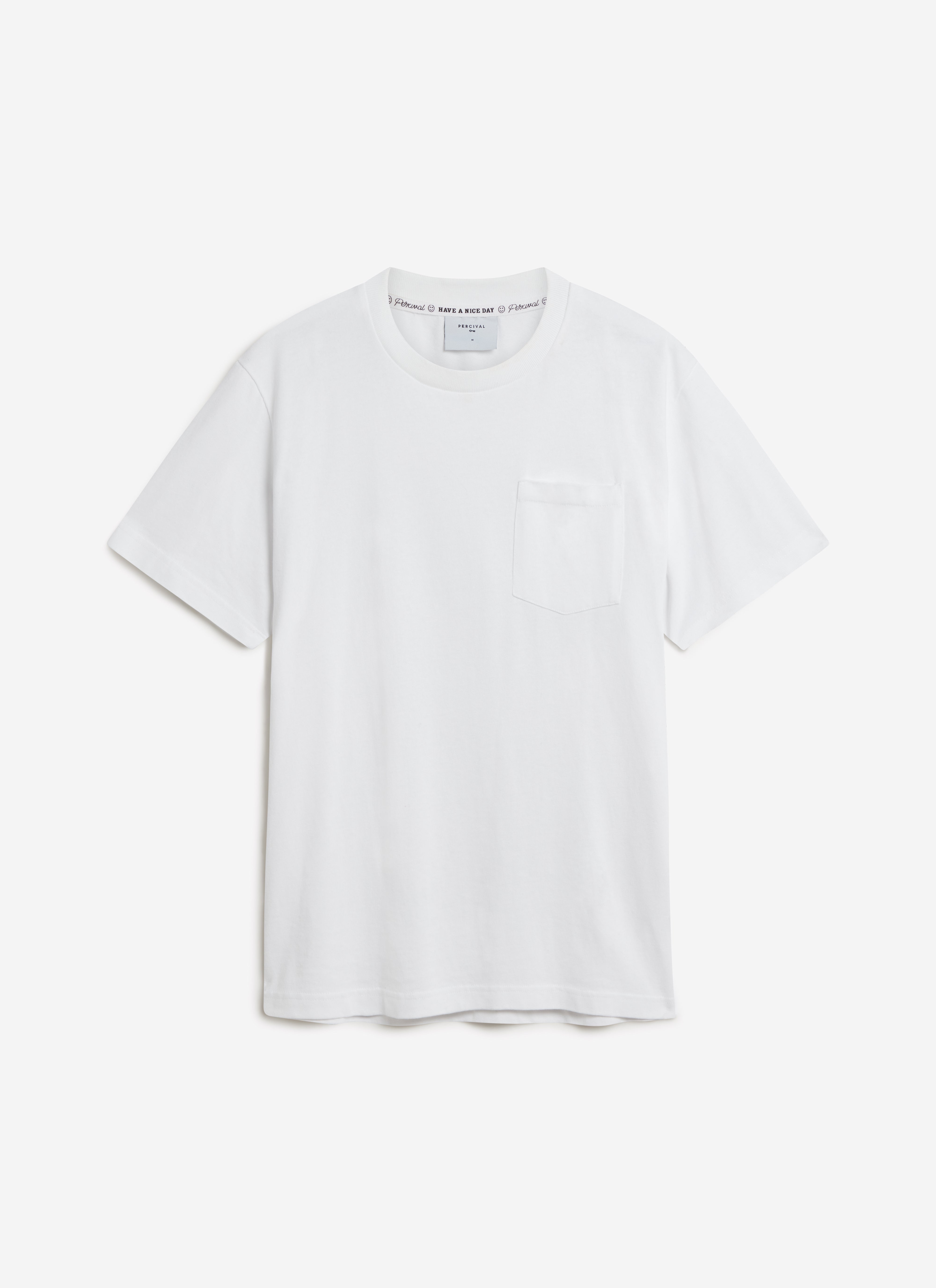 A flat lay of the Percival Short Sleeve Pocket T-Shirt in white, showing the classic crew neck and chest pocket.