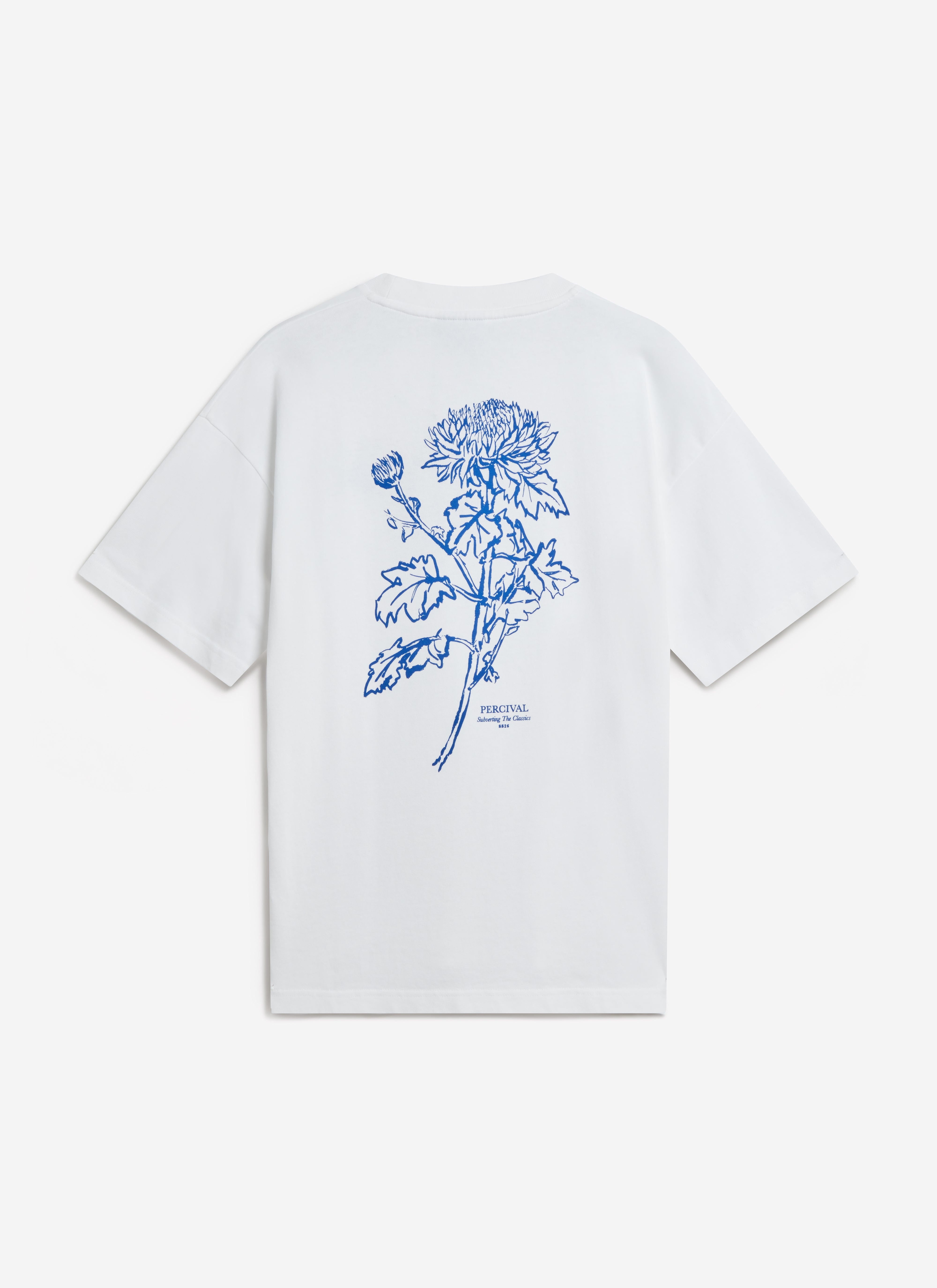 A studio shot of the back of the Percival Smith Floral T-shirt, showing the blue illustrated chrysanthemum graphic.