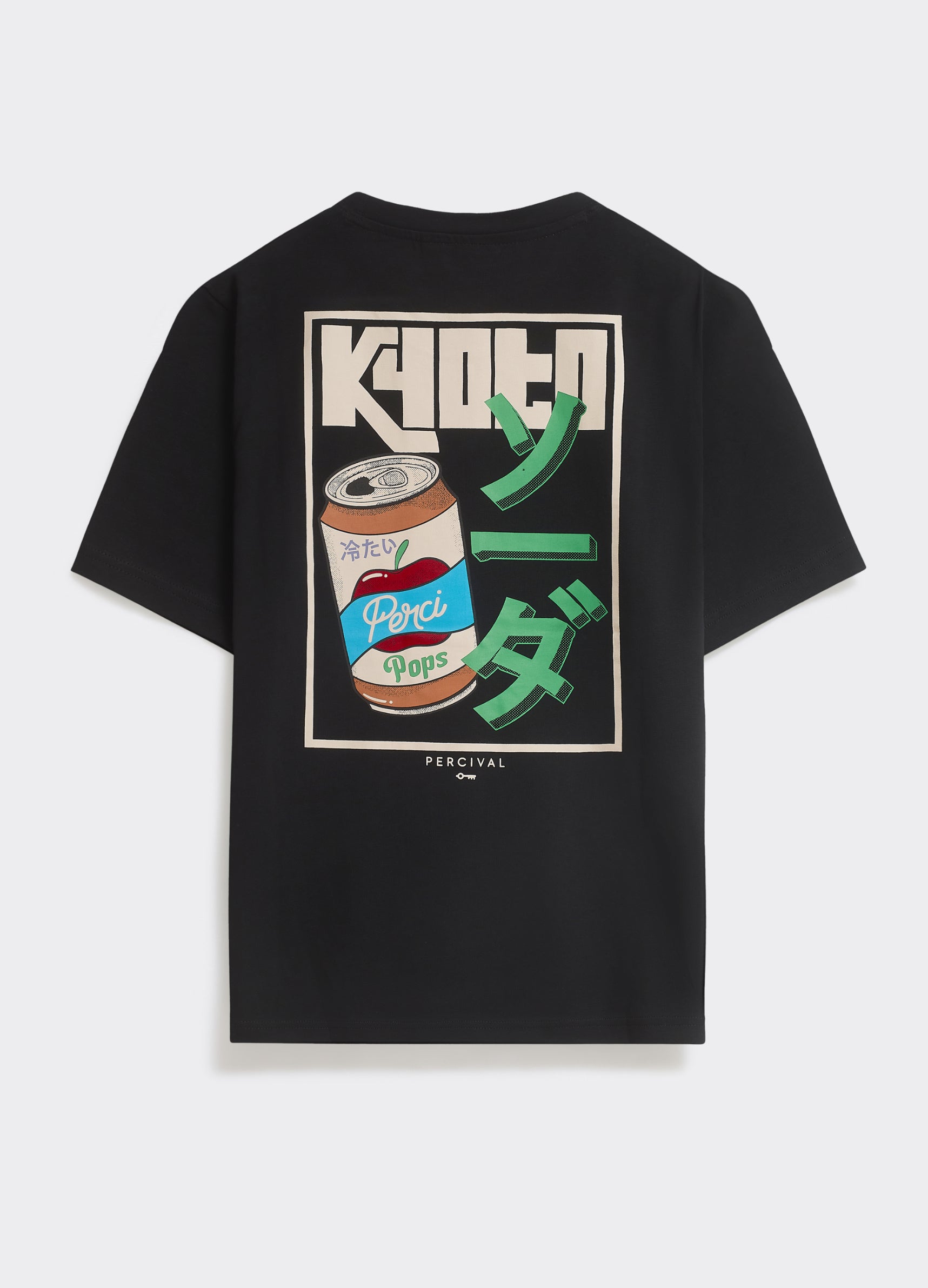 The Percival Soda T Shirt in black cotton, featuring a large Kyoto-can graphic print across the back.