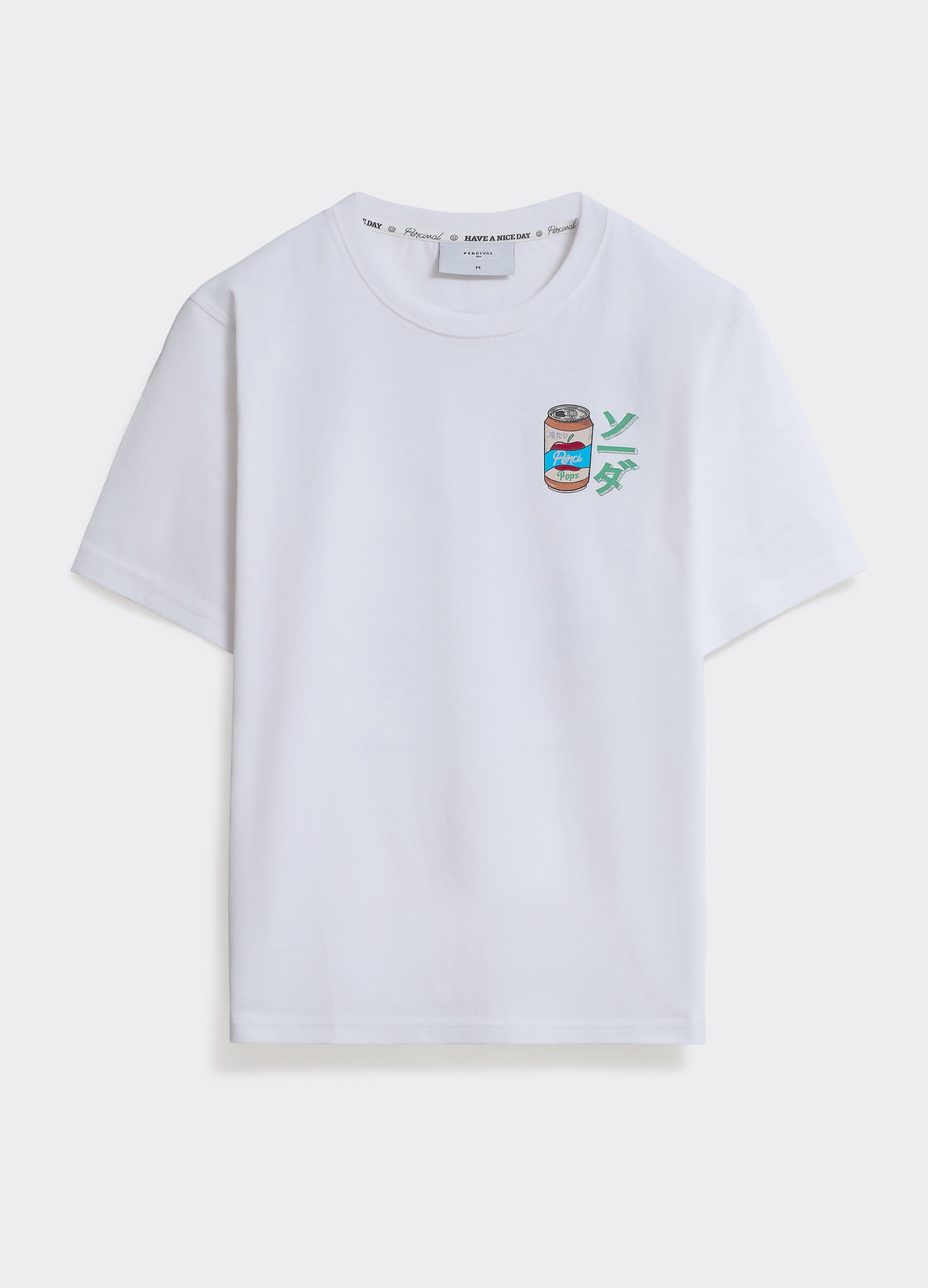 The white Percival Soda T-shirt in soft jersey featuring a Kyoto-inspired graphic on the chest, shown flat.