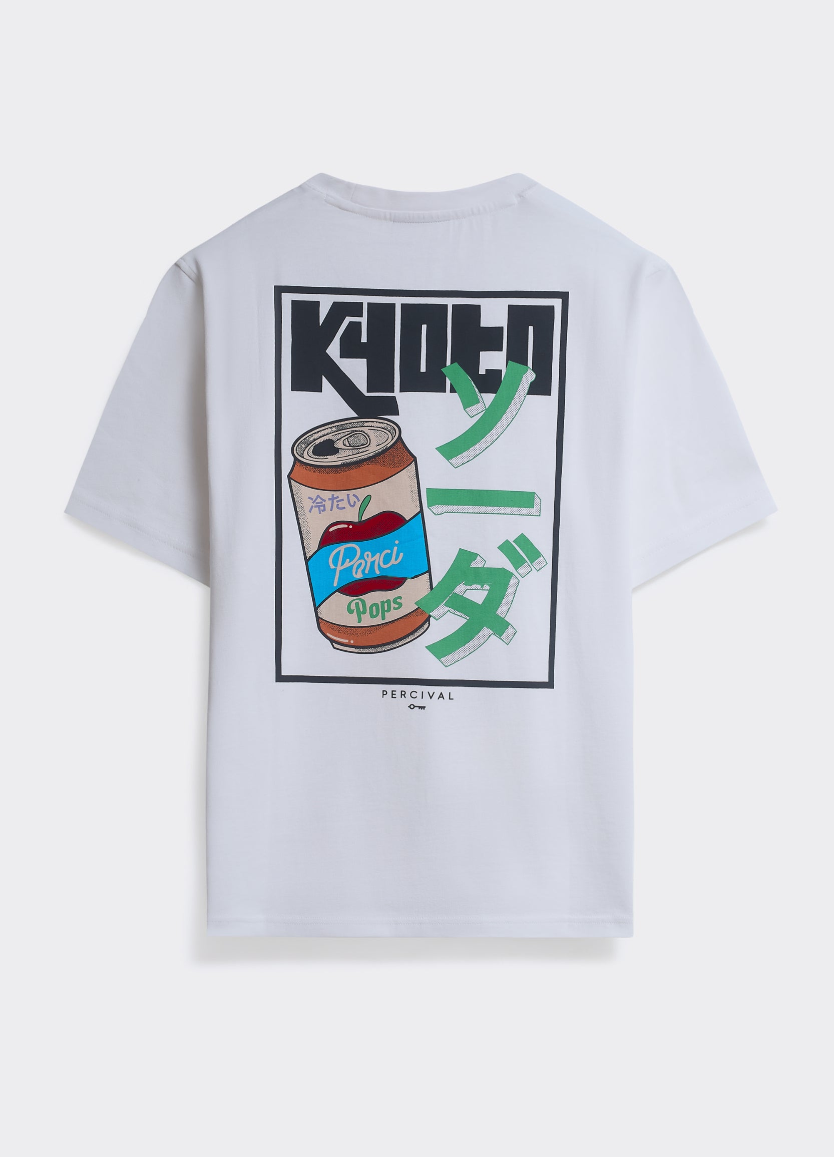 Percival Soda T-shirt in optic white, featuring a large Kyoto-inspired soda can back graphic on soft cotton jersey.