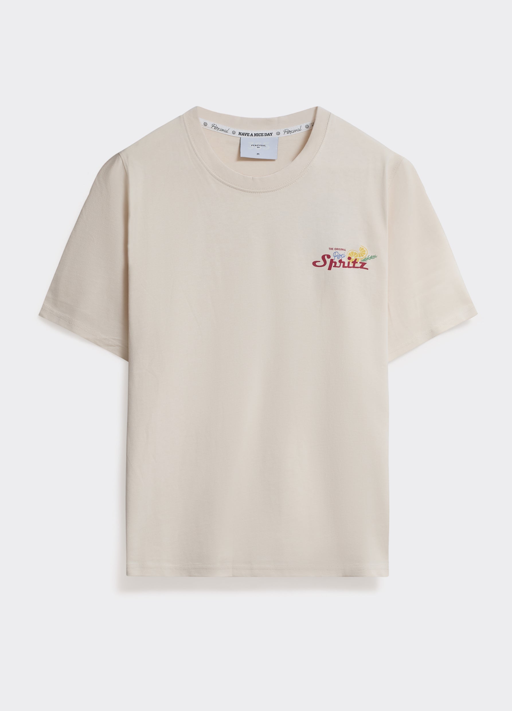 The Percival Spritz T Shirt in off-white jersey, featuring a small chest graphic and crew neck, shown flat.