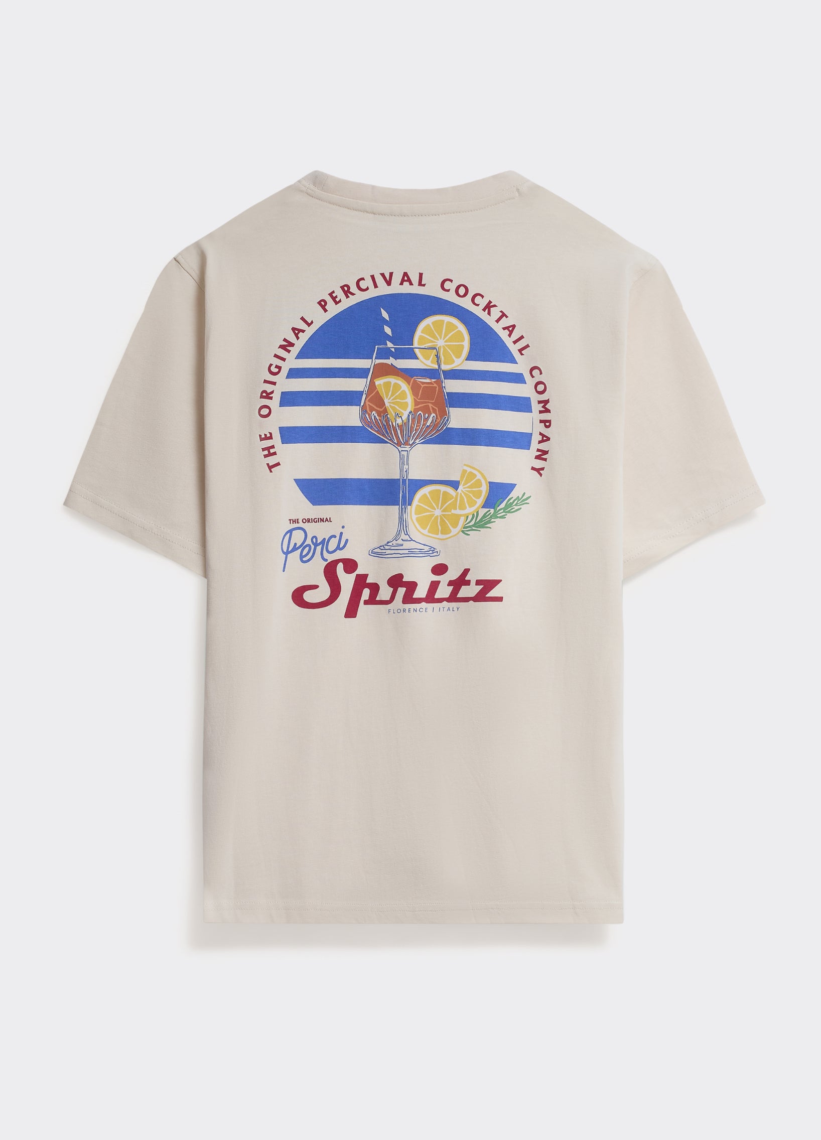 The Percival Spritz T-shirt in off-white, featuring a large back graphic of a cocktail and blue stripes.