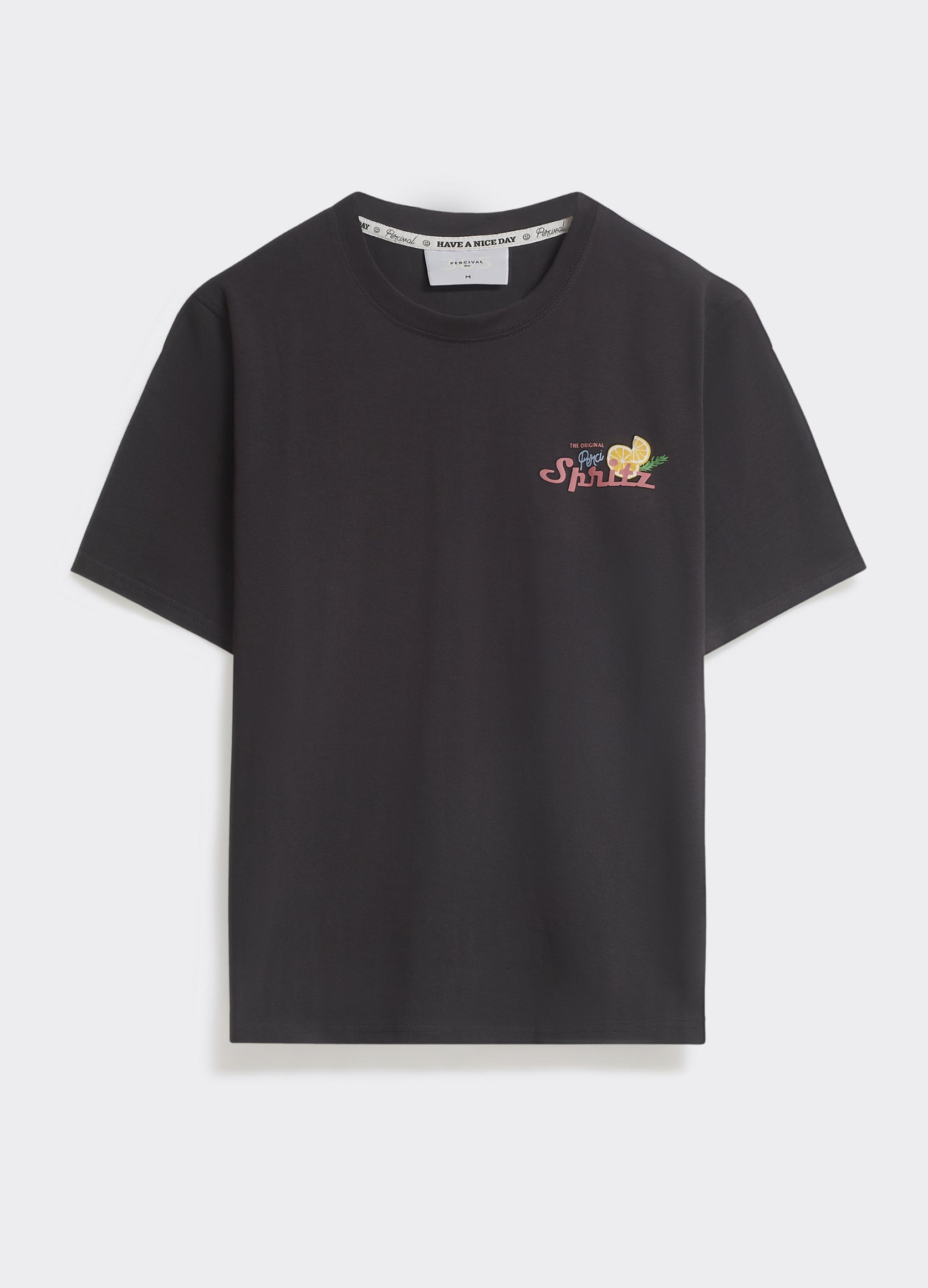 The Percival Spritz T-shirt in washed black, a midweight jersey crew neck with a colourful chest graphic, shown flat.