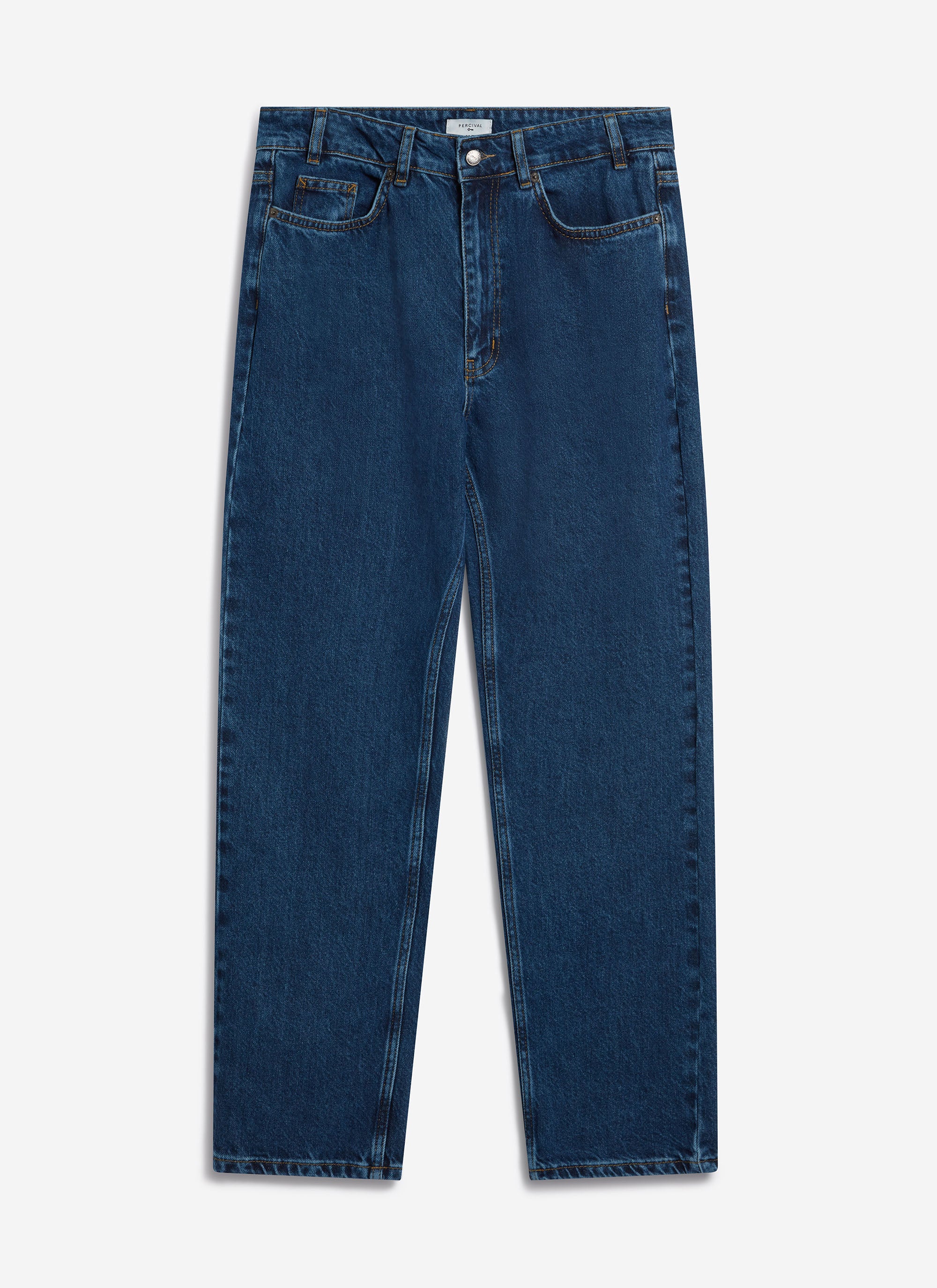 Percival Heritage straight leg 14oz cotton denim jeans in mid wash blue, shown flat against a white background.