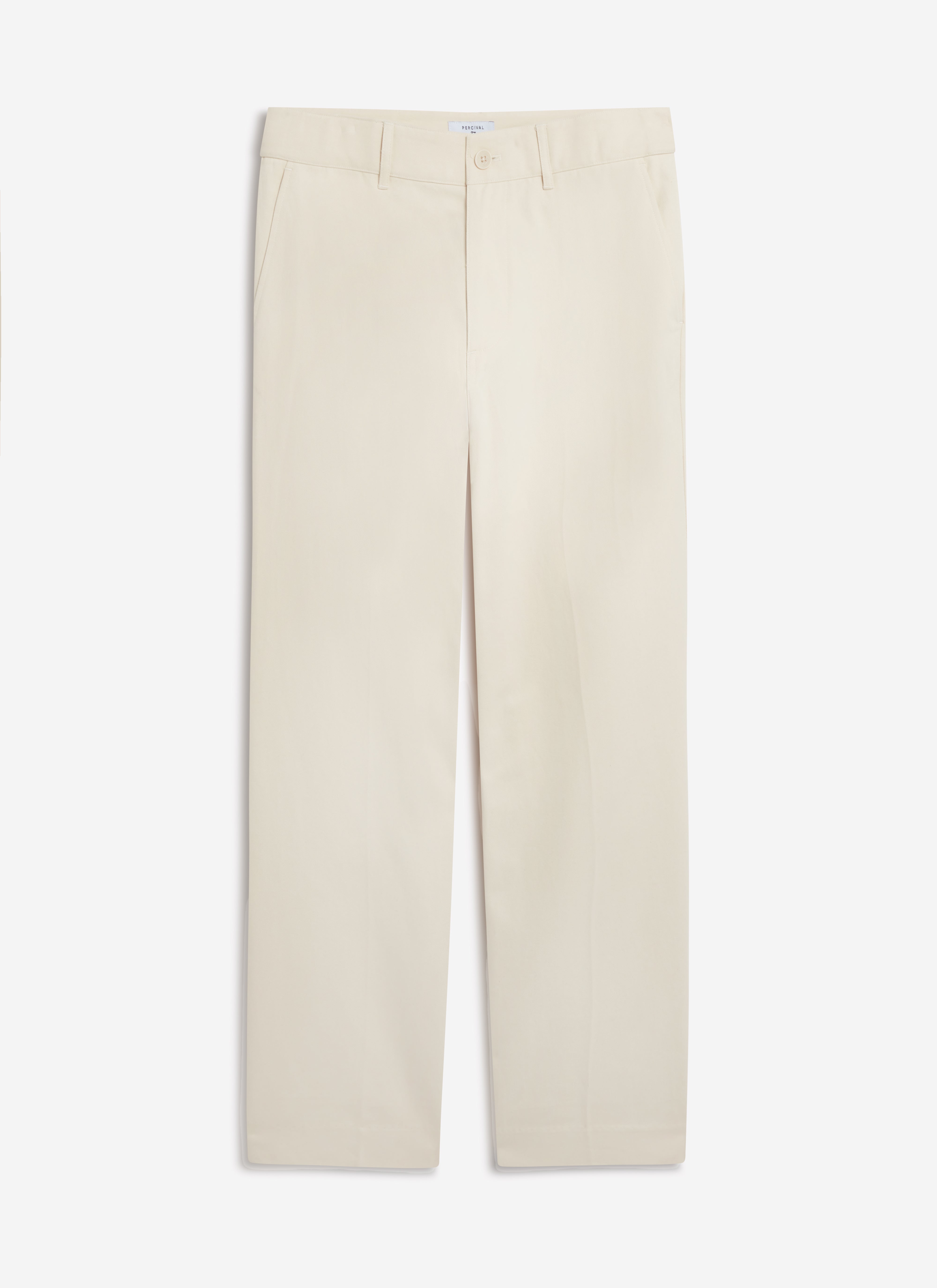 The Straight Leg Chino in ecru by Percival, laid flat against a white background to showcase the clean, tailored finish.
