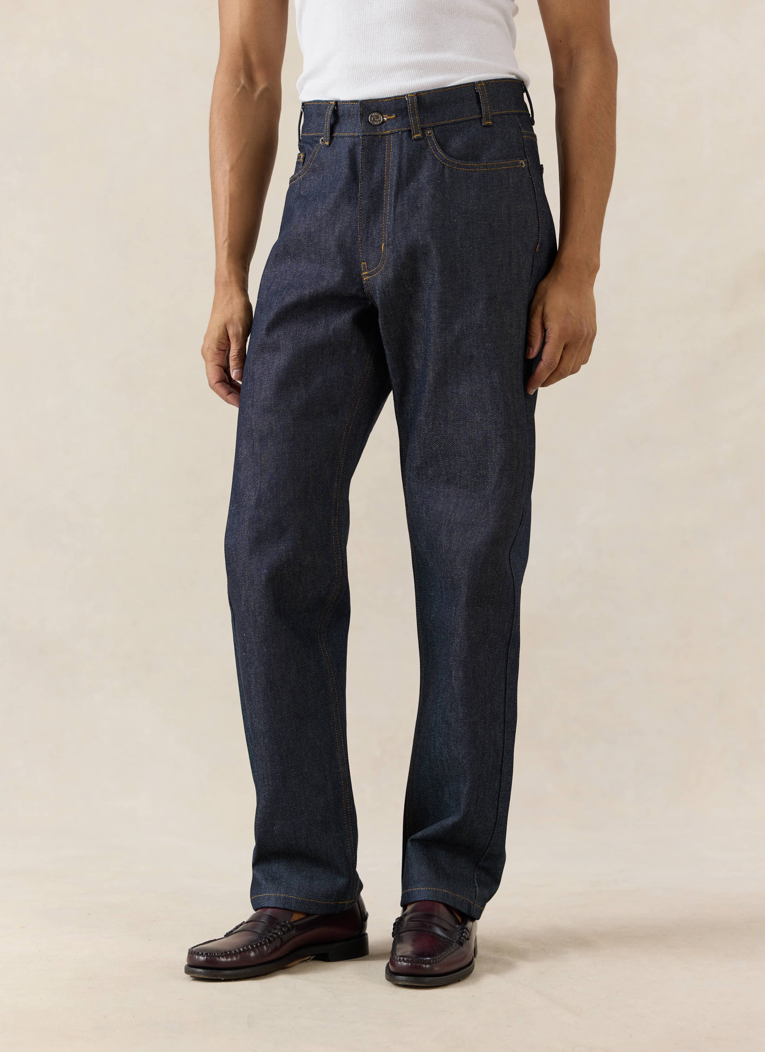 Raw Percival Heritage Straight Leg Jeans in structured 14oz cotton denim, detailed with classic contrast stitching.