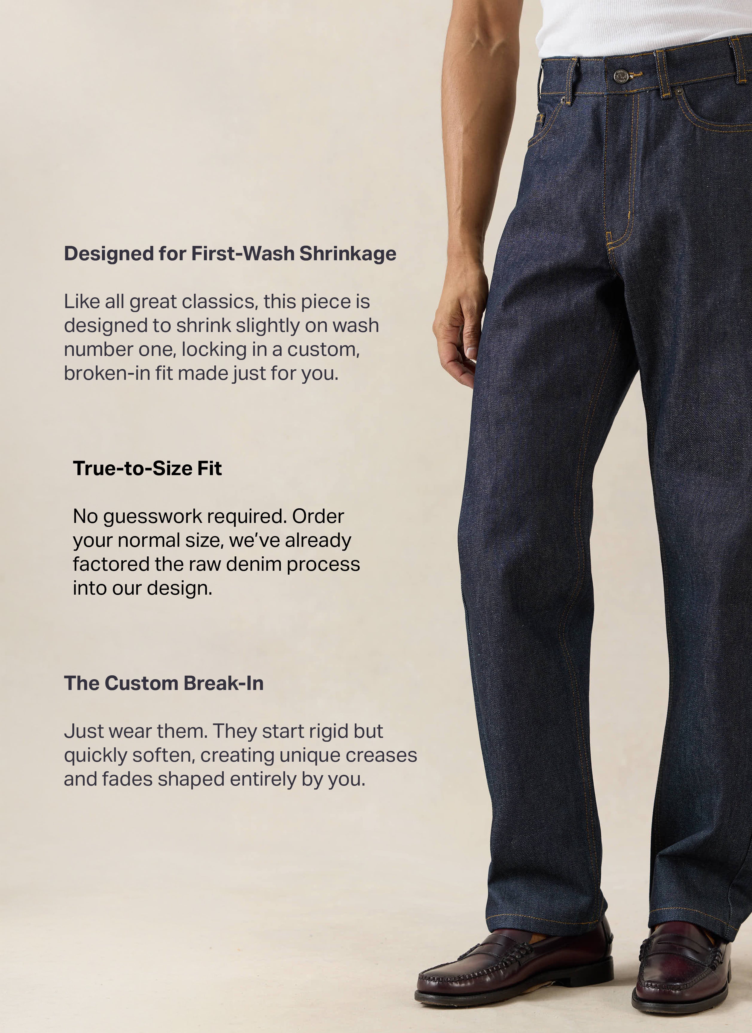 Percival Straight Leg Heritage Jeans in raw indigo denim, featuring informational text on fit and shrinkage expectations.