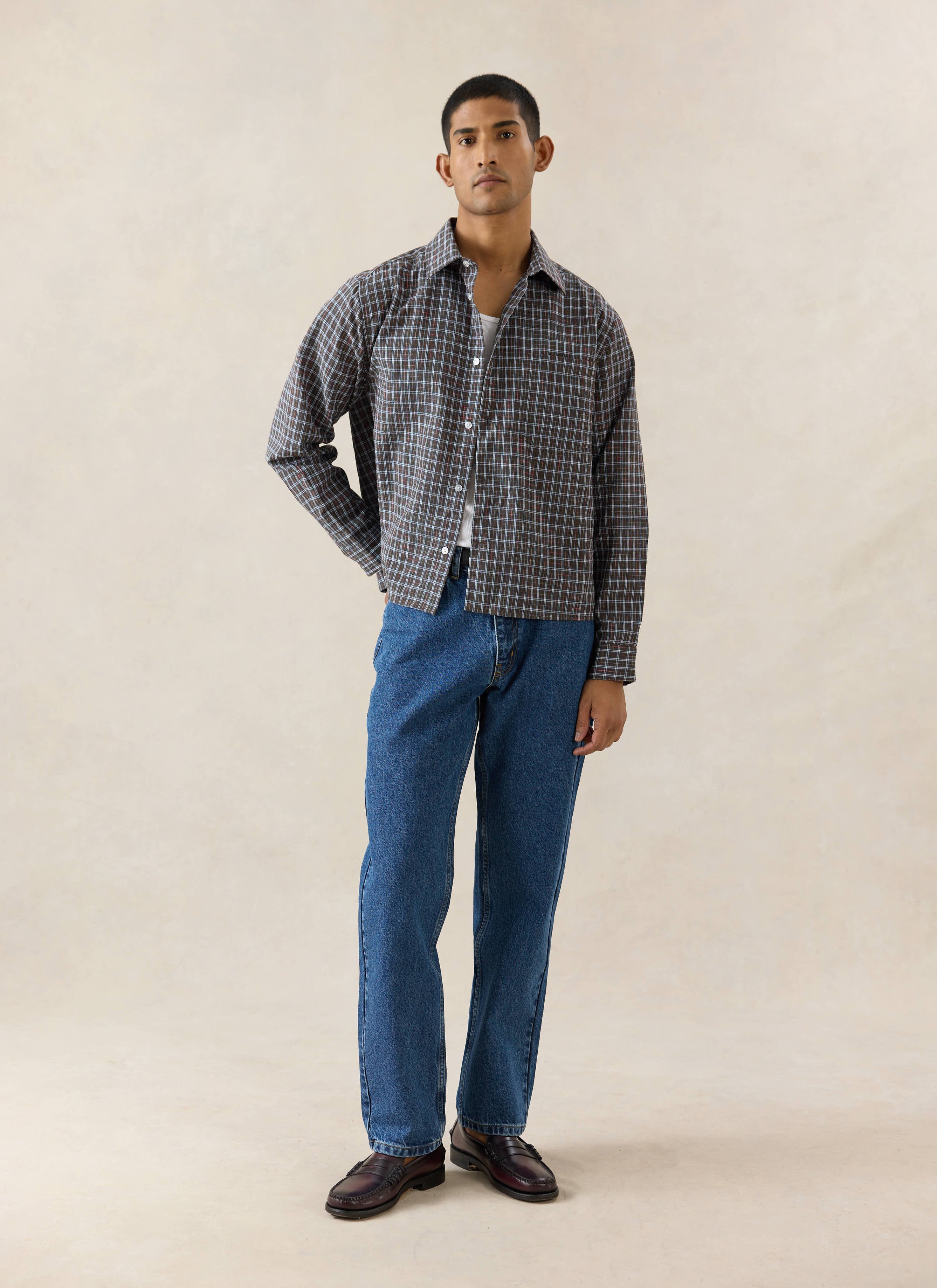 Percival straight leg heritage denim jeans in mid wash blue 14oz cotton, styled with a check shirt and leather loafers.