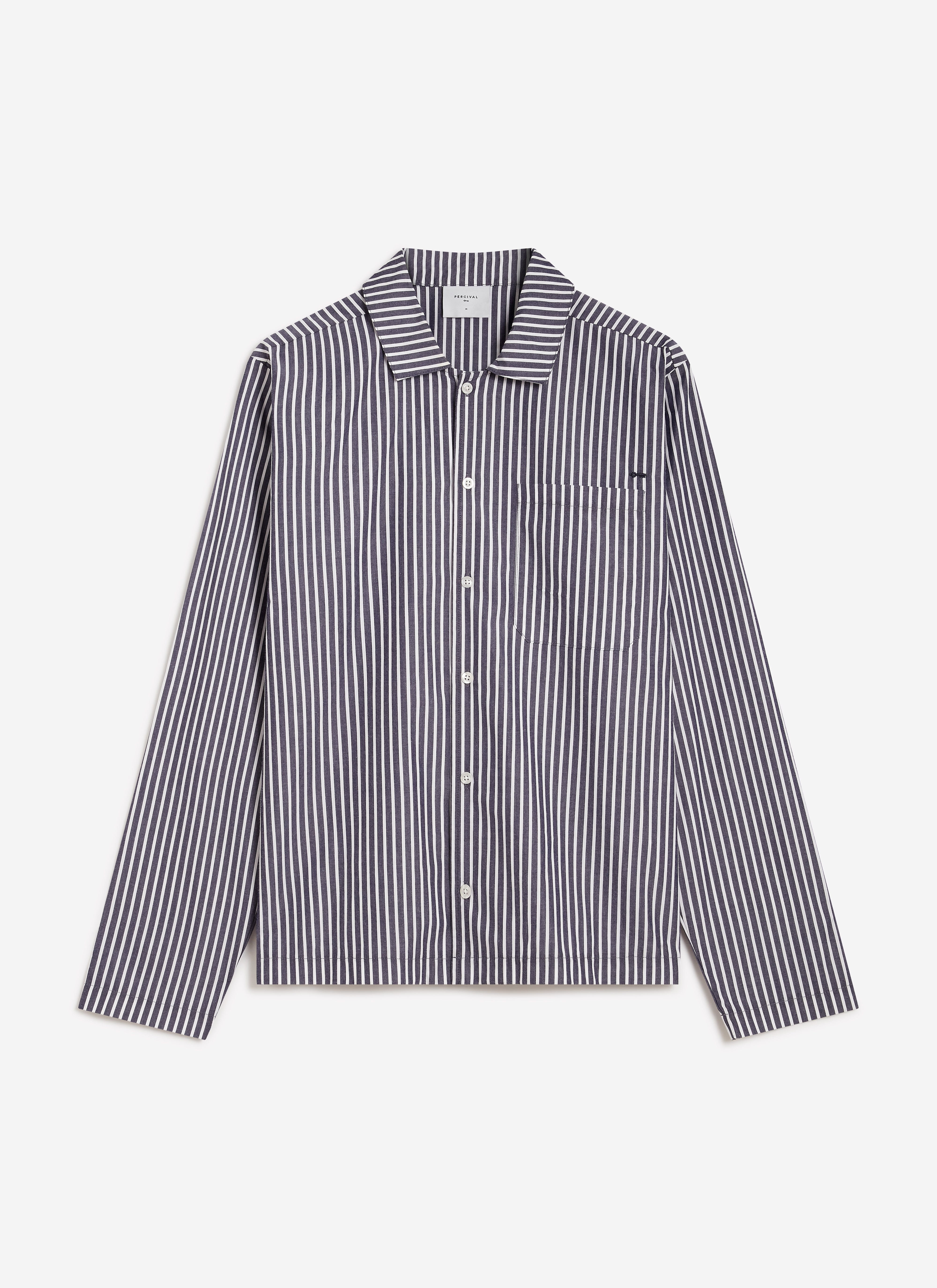 The men's Percival Pyjama Top in blue and white striped cotton, presented flat against a white background.
