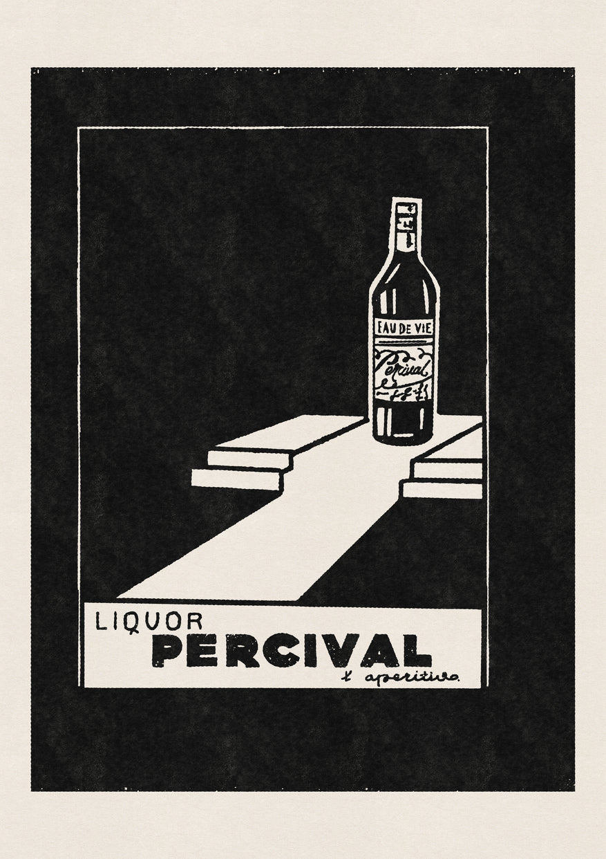 Minimalist black and white Percival liquor print featuring an Eau De Vie bottle and l'aperitivo text.