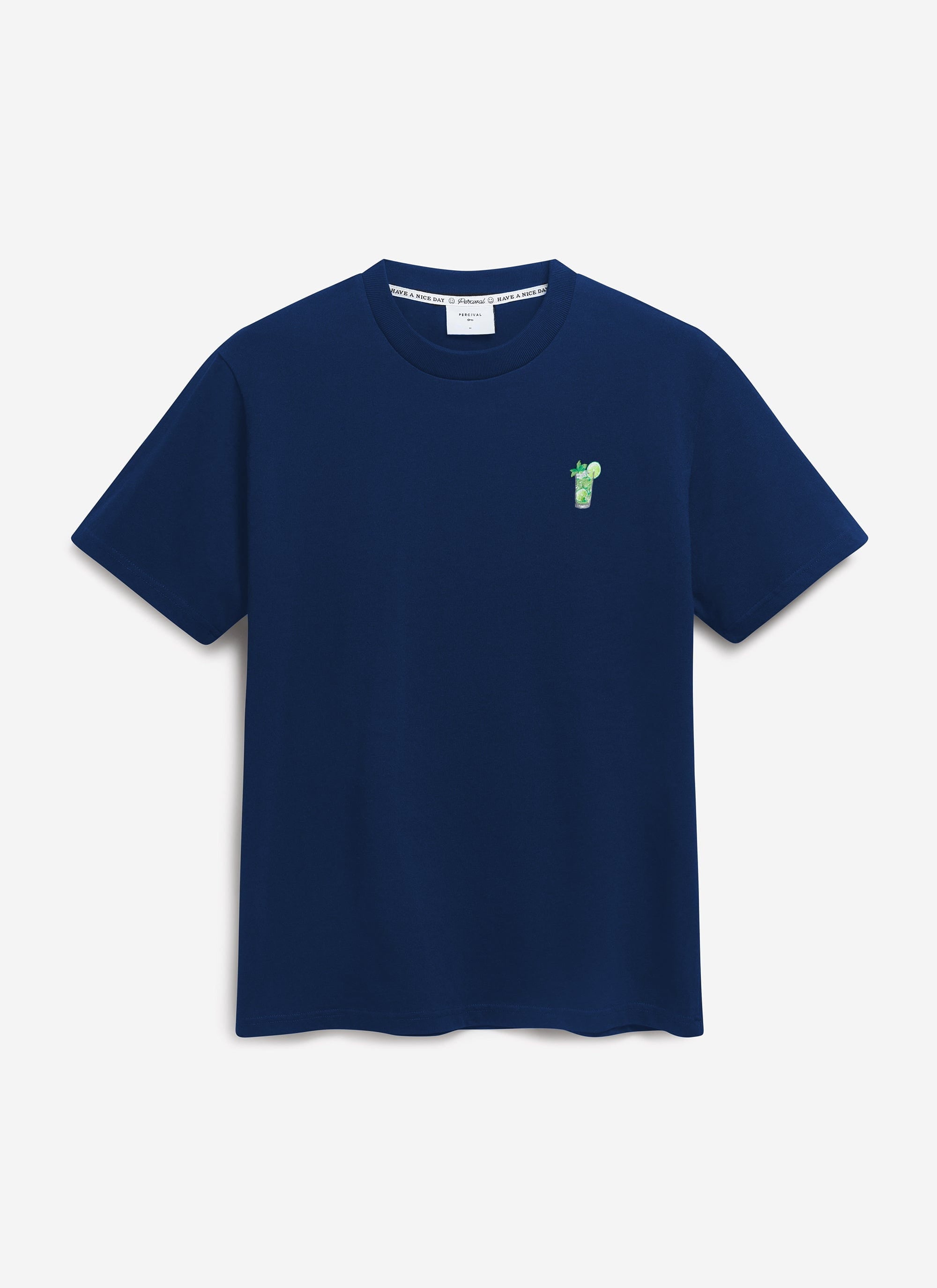 The Percival Mojito T-shirt in navy organic cotton, laid flat to show the cocktail embroidery on the chest.