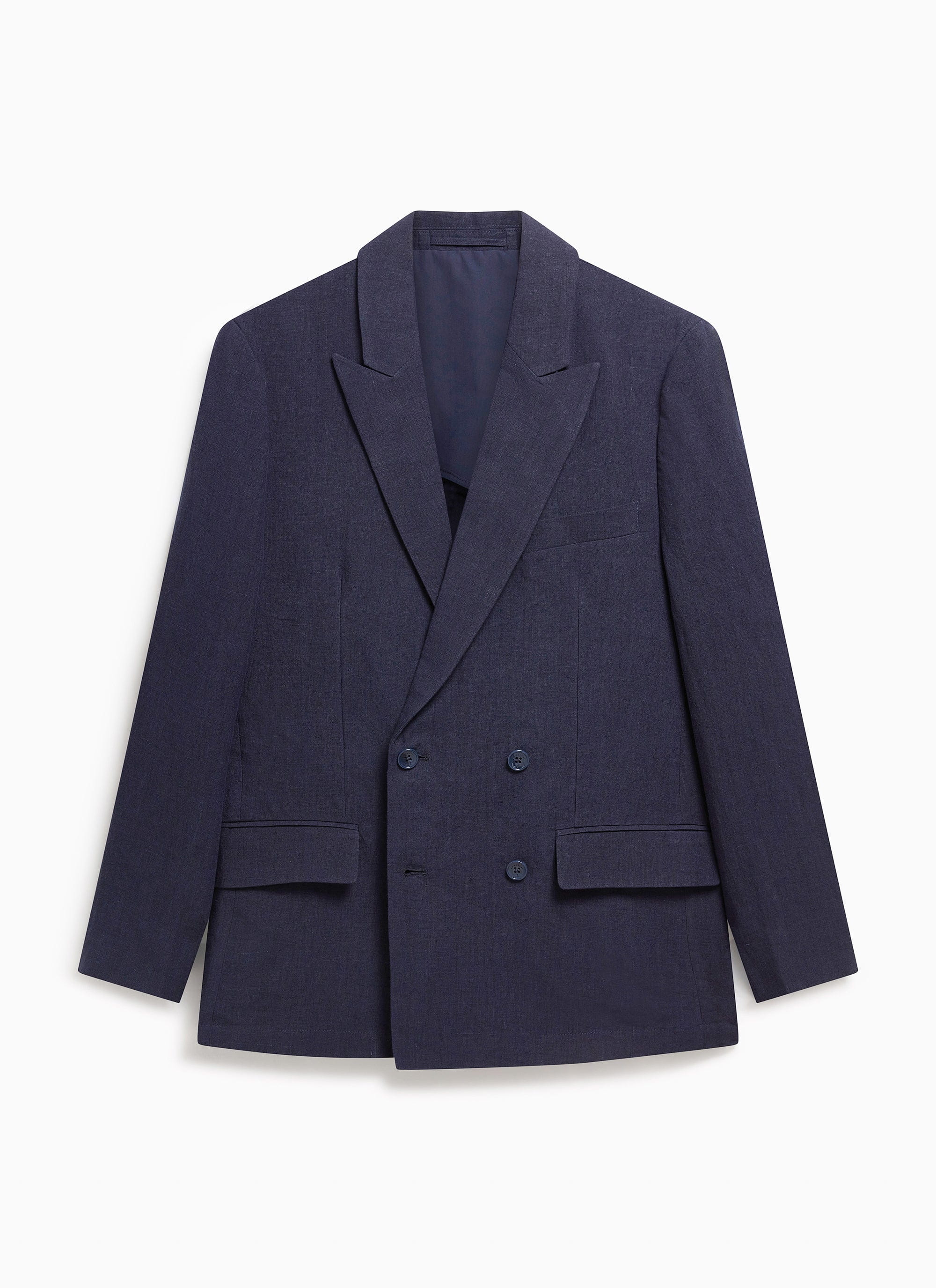 A front view of the Percival men's tailored double-breasted blazer in navy linen, laid flat.