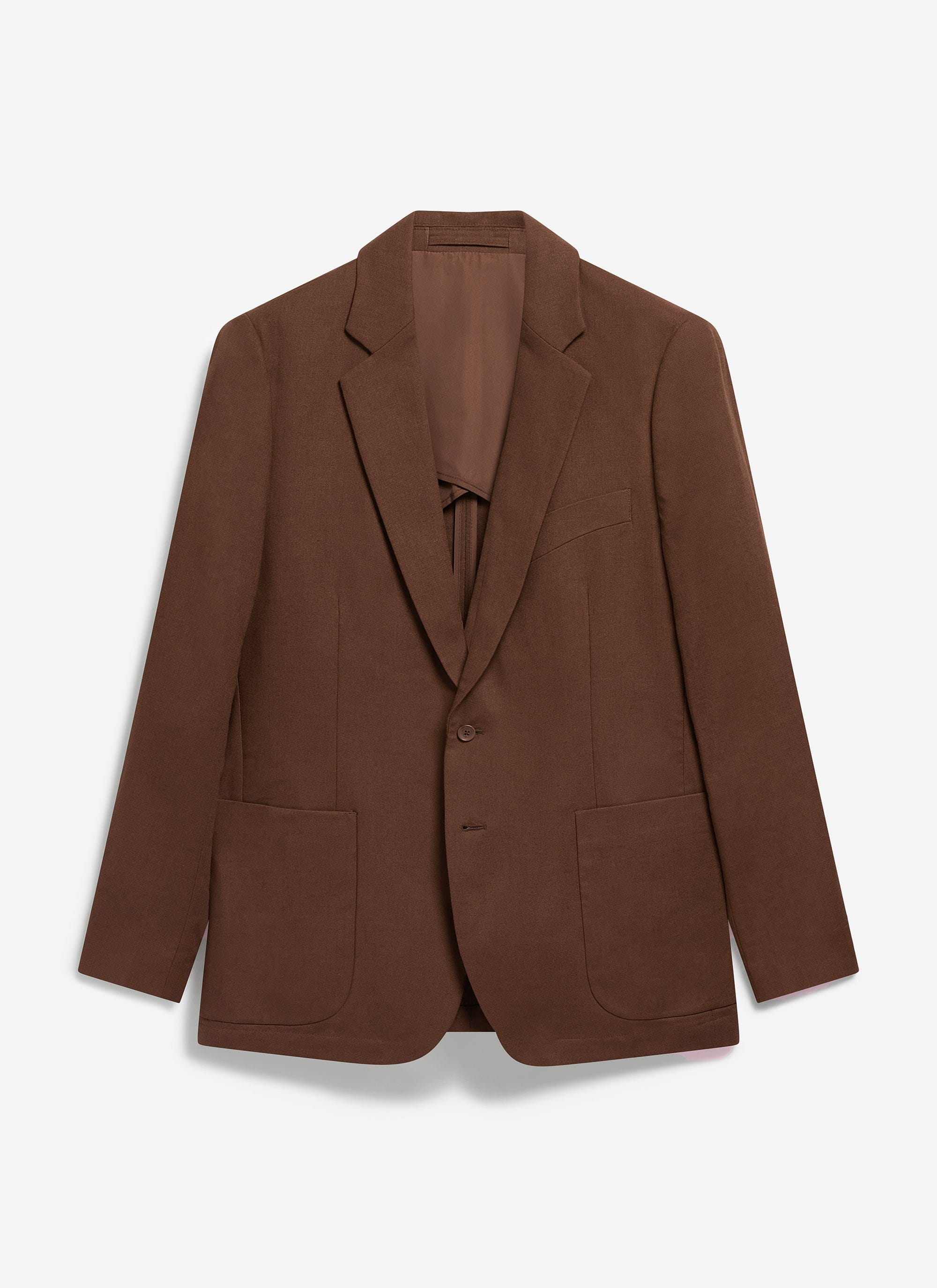 The Percival Tailored Linen Blazer in brown, a single-breasted suit jacket made from a linen blend, shot from the front.