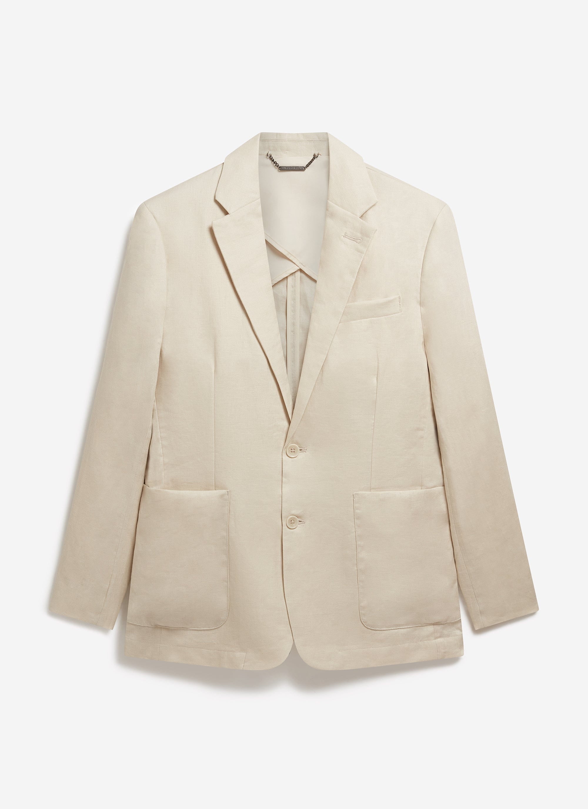 A front view of the Percival men's tailored linen blazer in cream, featuring a two-button closure and patch pockets.