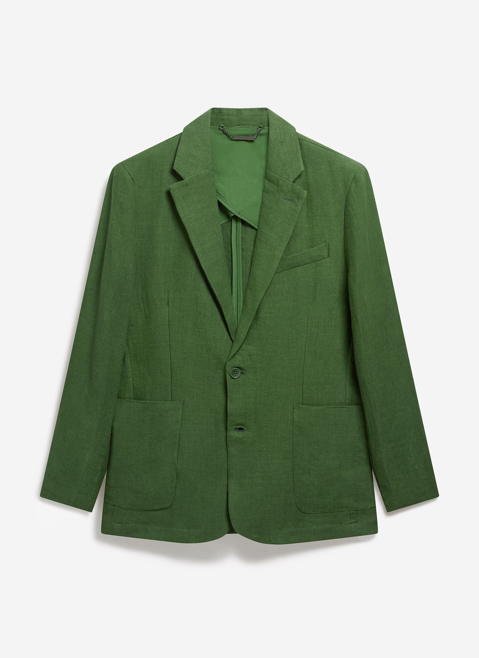 Front view of the Percival Tailored Linen Blazer in forest green, laid flat.