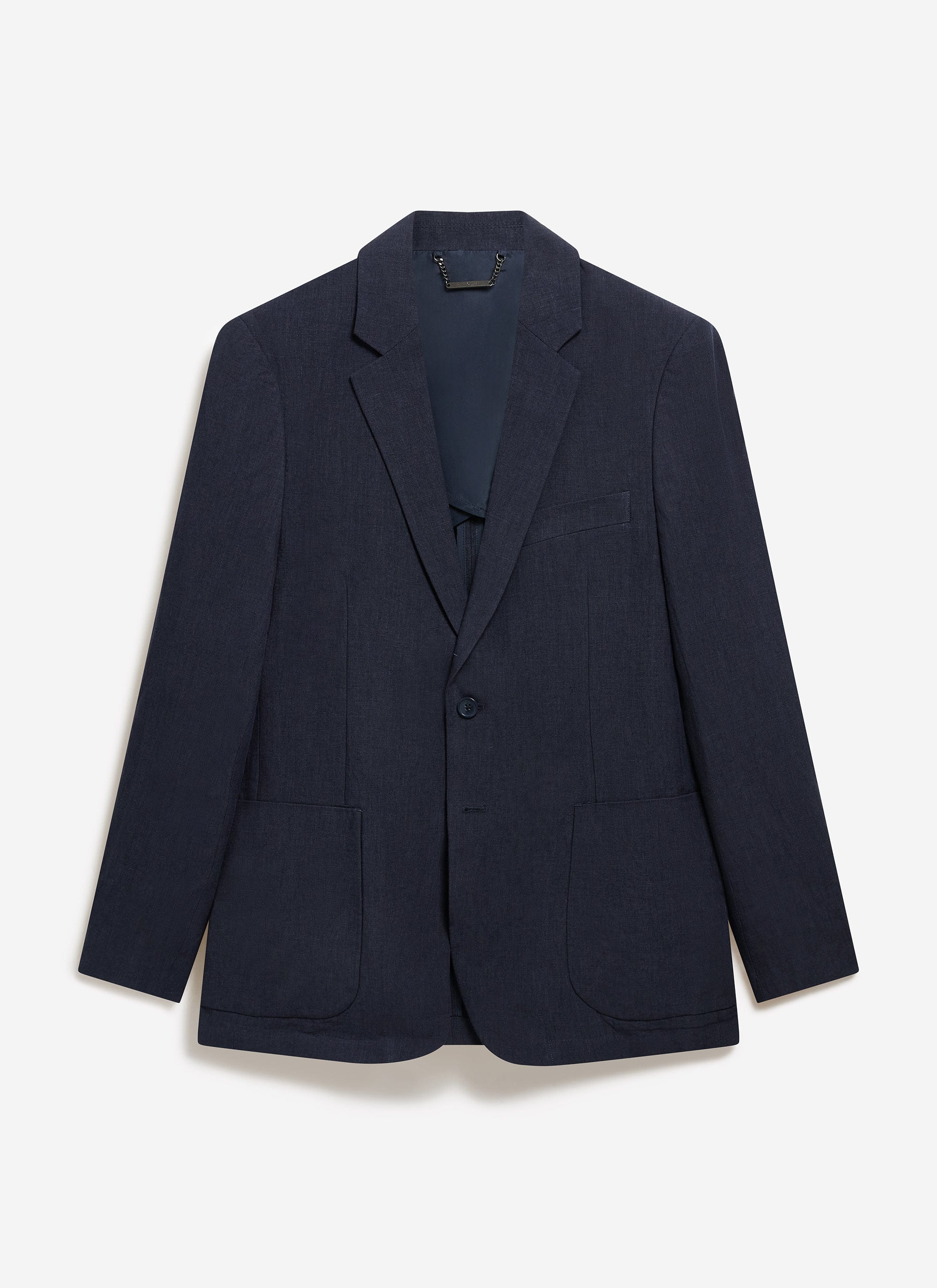 Percival navy linen tailored blazer with a single button and patch pockets.