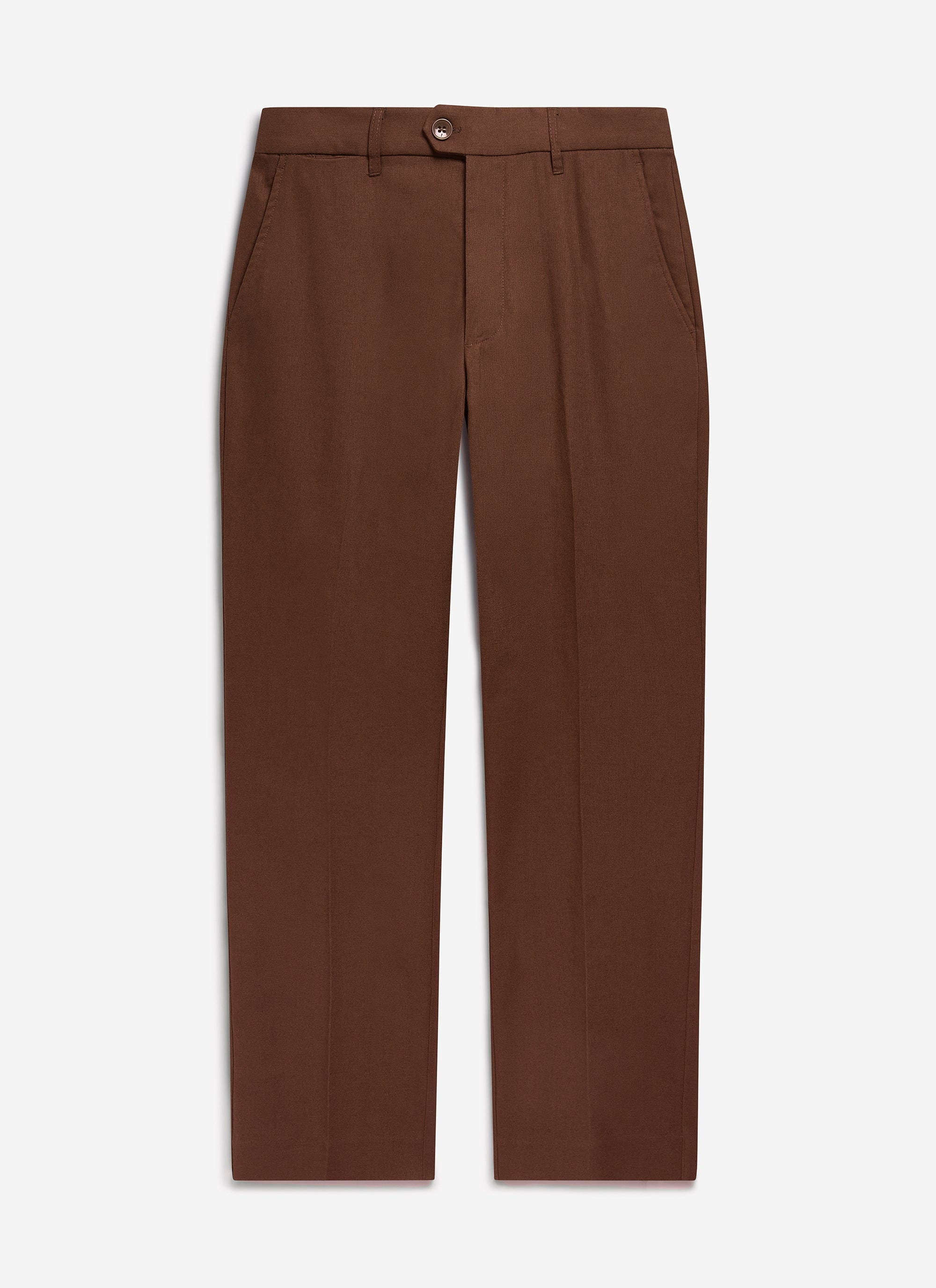 The Percival Tailored Linen Trousers in brown, with a straight leg fit, shown flat from the front.