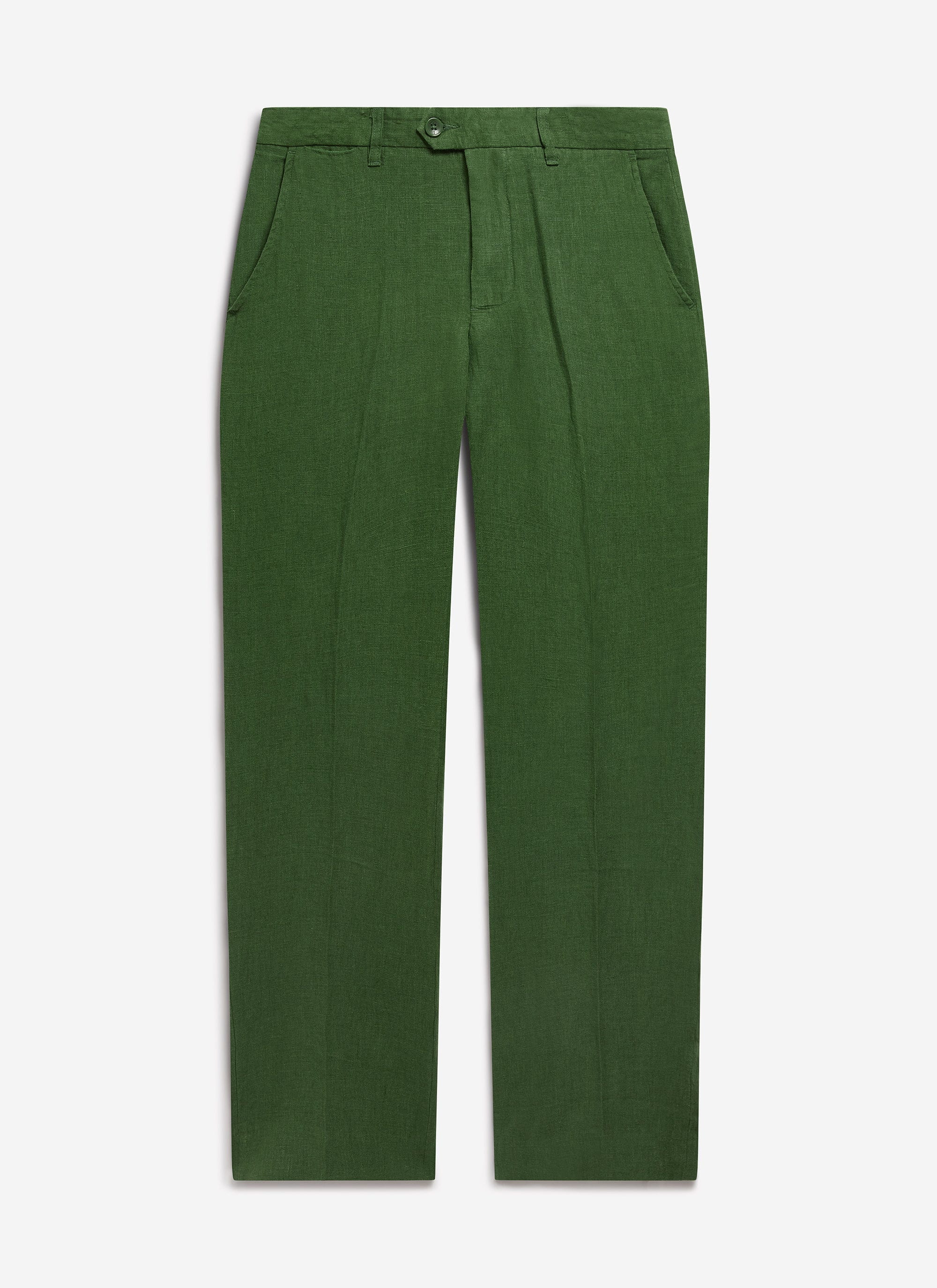 Front view of the Percival Tailored Linen Trousers in forest green, laid flat against a white background.