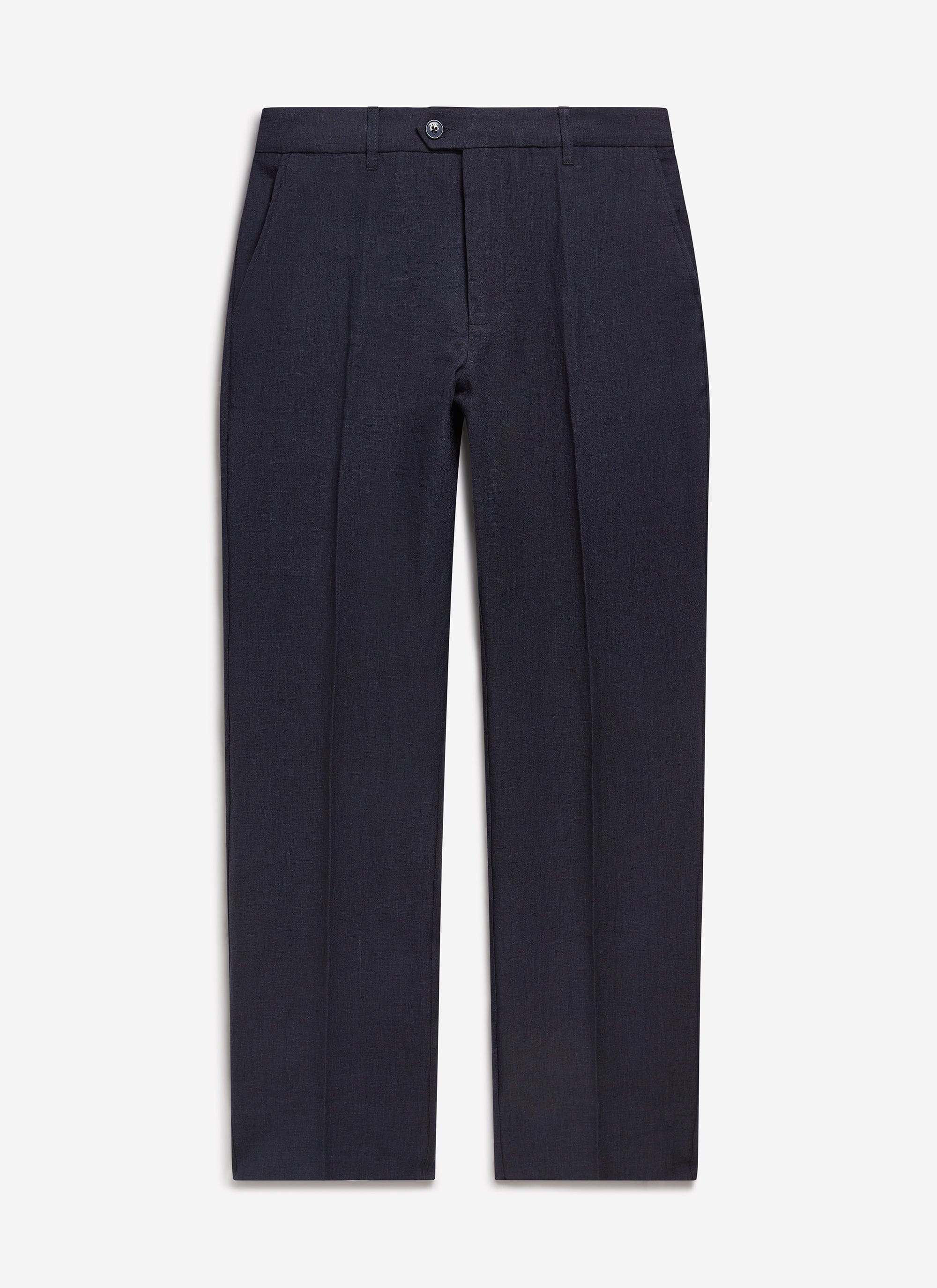 Percival tailored linen trousers in navy blue shown flat from the front.