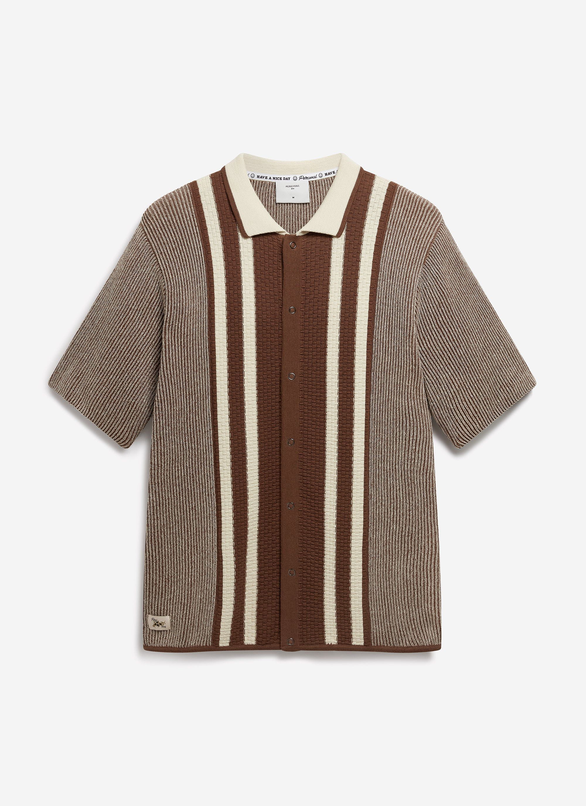 The Percival Teramo Knitted Polo Shirt in ecru, featuring a brown vertical stripe pattern, shot flat from the front.