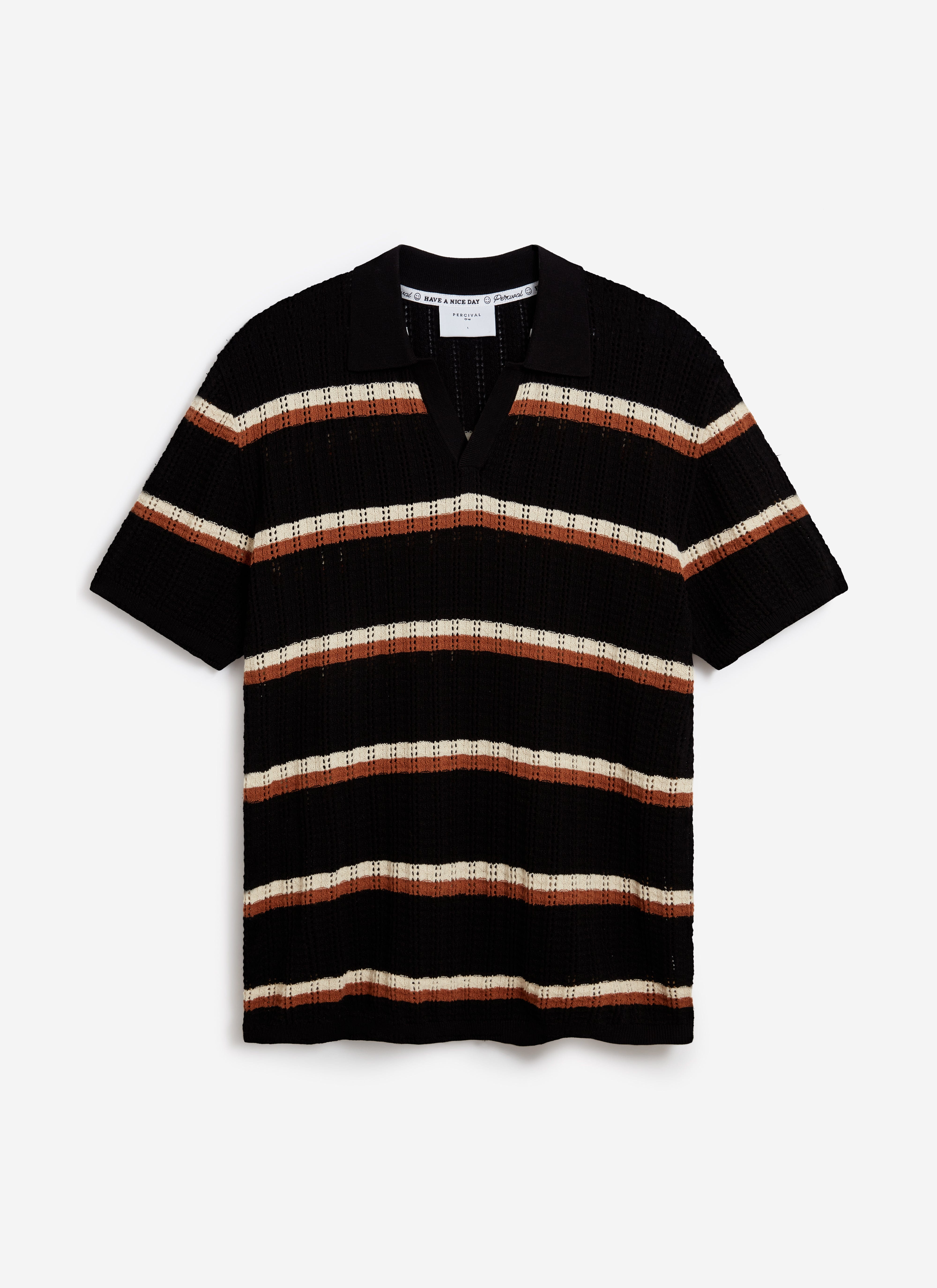 The Percival Tessaro Knitted Stripe Polo in black cotton, featuring cream and brown horizontal stripes, shot from the front.