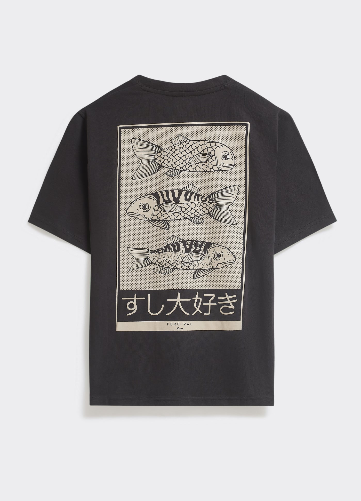 The Percival Tokyo T-Shirt in washed black cotton jersey, featuring a large koi fish and Japanese text back graphic.